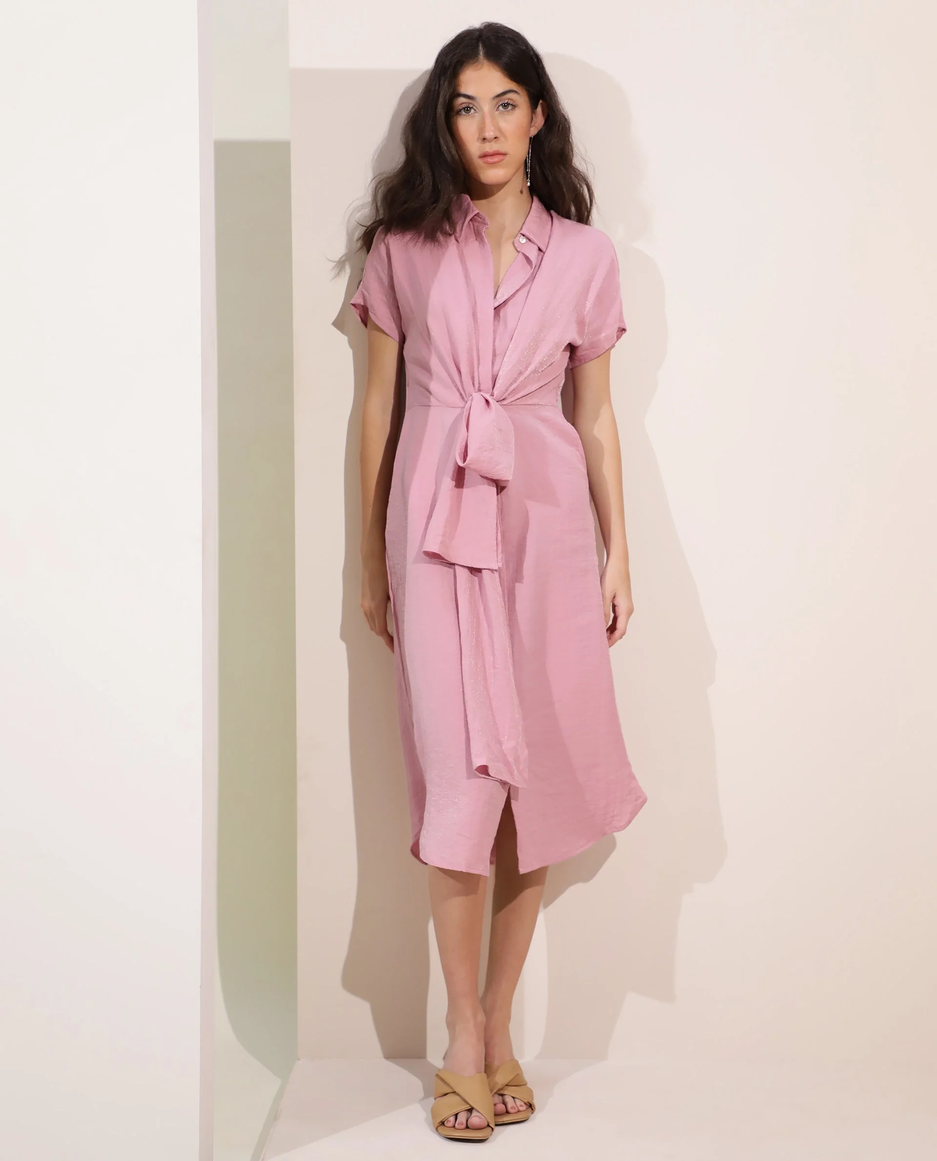 Rareism Women's Kori Pink Rayon Blend Spread Collar Plain Extended Sleeves Knee Length Regular Fit Dress
