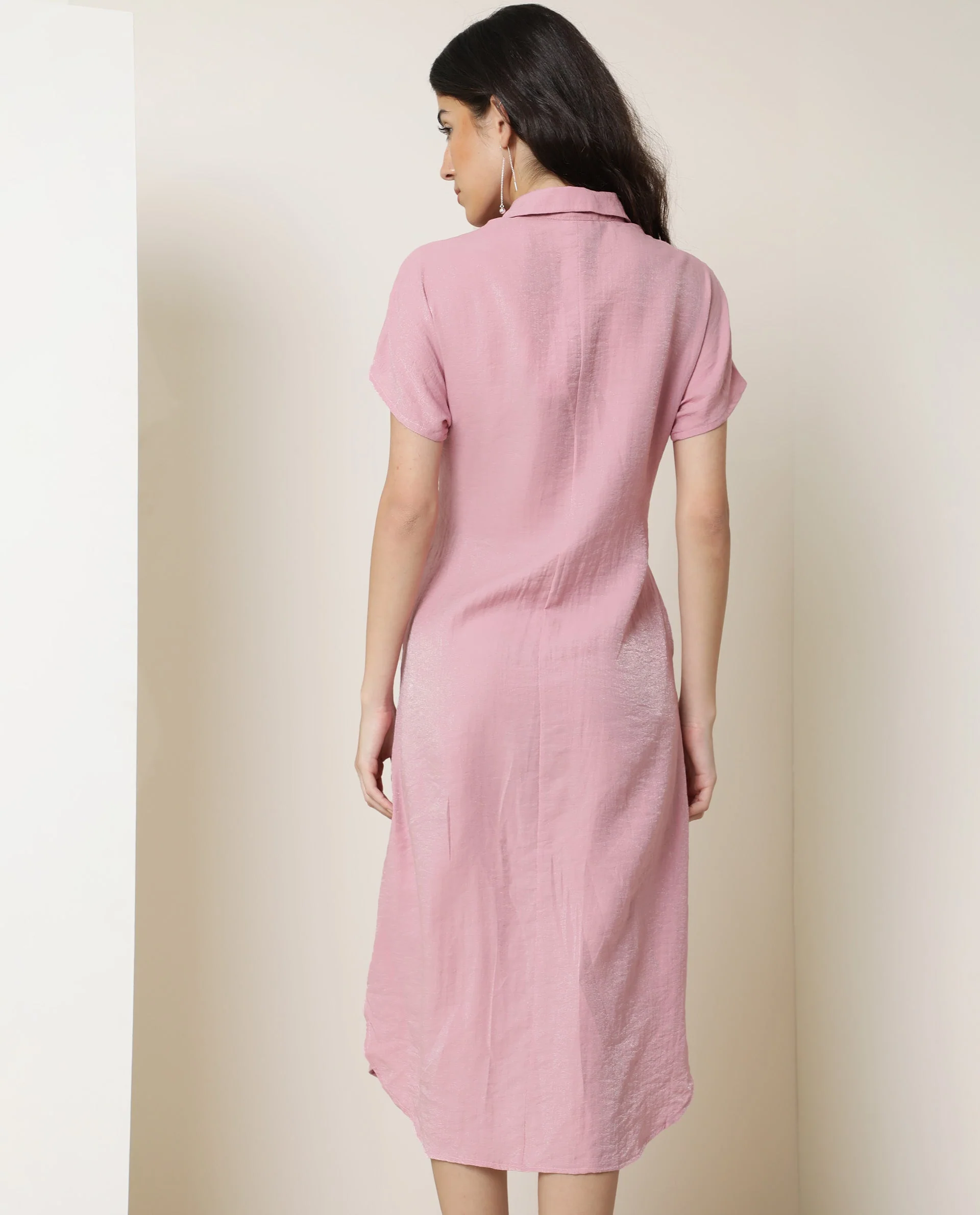 Rareism Women's Kori Pink Rayon Blend Spread Collar Plain Extended Sleeves Knee Length Regular Fit Dress - Image 10