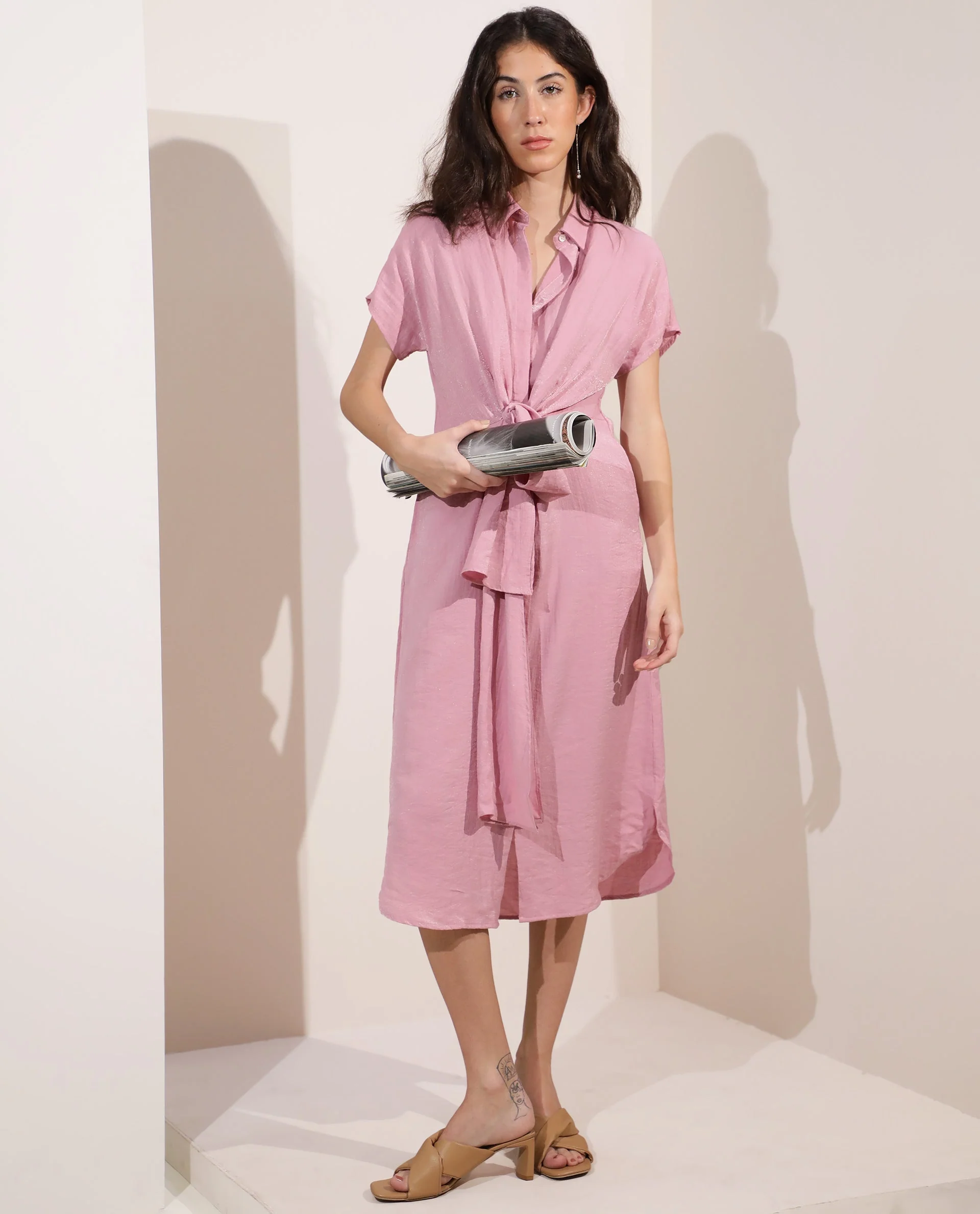 Rareism Women's Kori Pink Rayon Blend Spread Collar Plain Extended Sleeves Knee Length Regular Fit Dress - Image 11