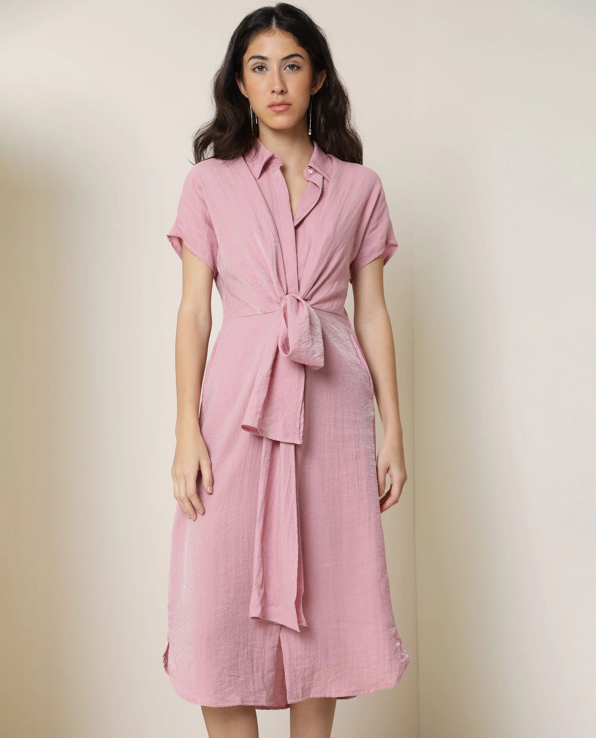 Rareism Women's Kori Pink Rayon Blend Spread Collar Plain Extended Sleeves Knee Length Regular Fit Dress - Image 3