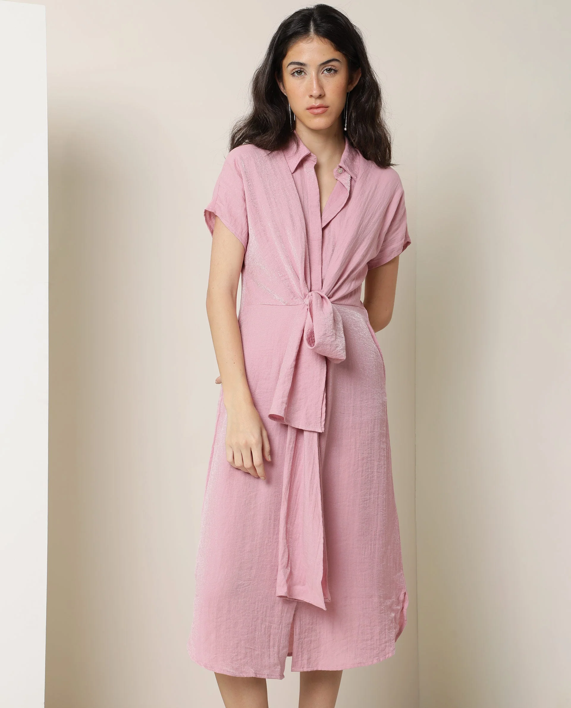 Rareism Women's Kori Pink Rayon Blend Spread Collar Plain Extended Sleeves Knee Length Regular Fit Dress - Image 4