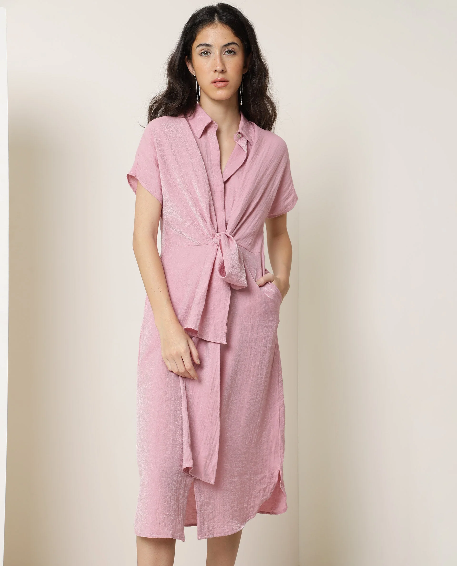 Rareism Women's Kori Pink Rayon Blend Spread Collar Plain Extended Sleeves Knee Length Regular Fit Dress - Image 6