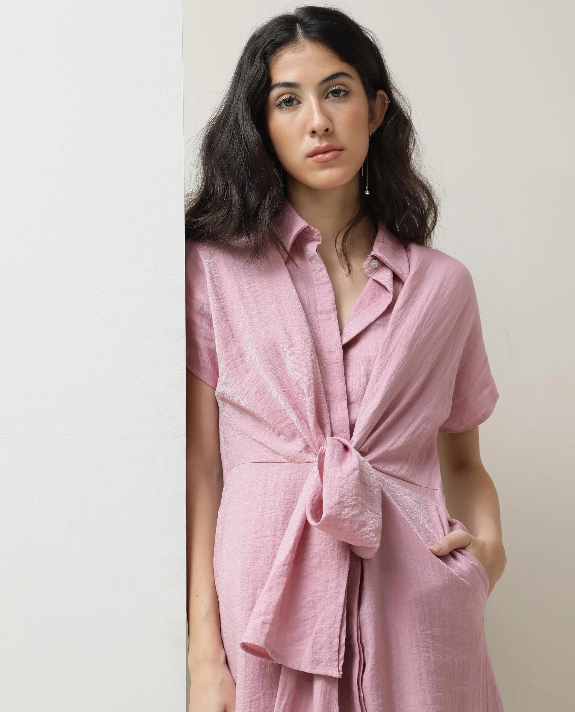 Rareism Women's Kori Pink Rayon Blend Spread Collar Plain Extended Sleeves Knee Length Regular Fit Dress - Image 7