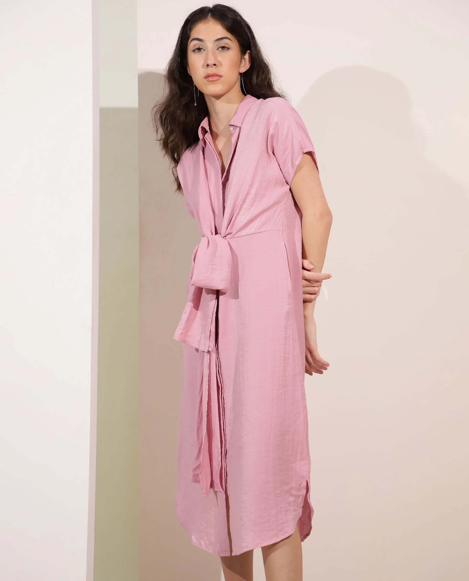 Rareism Women's Kori Pink Rayon Blend Spread Collar Plain Extended Sleeves Knee Length Regular Fit Dress - Image 8