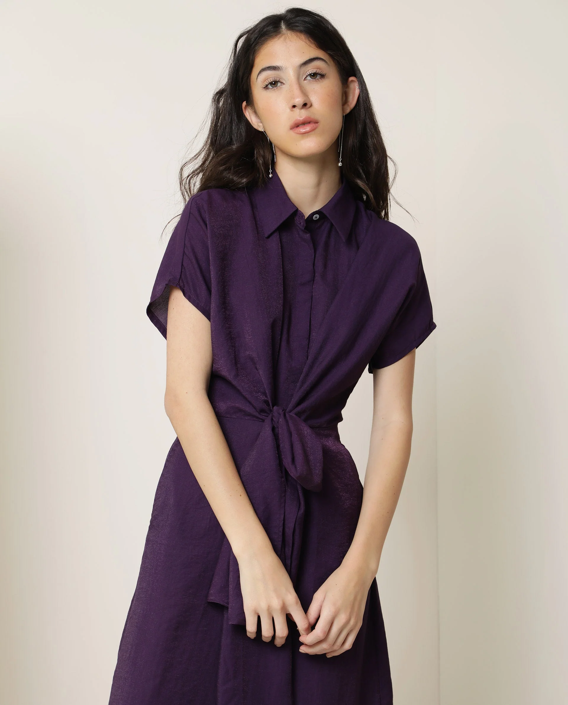 Rareism Women Kori Purple Dress Rayon Nylon Fabric Full Sleeves Solid
