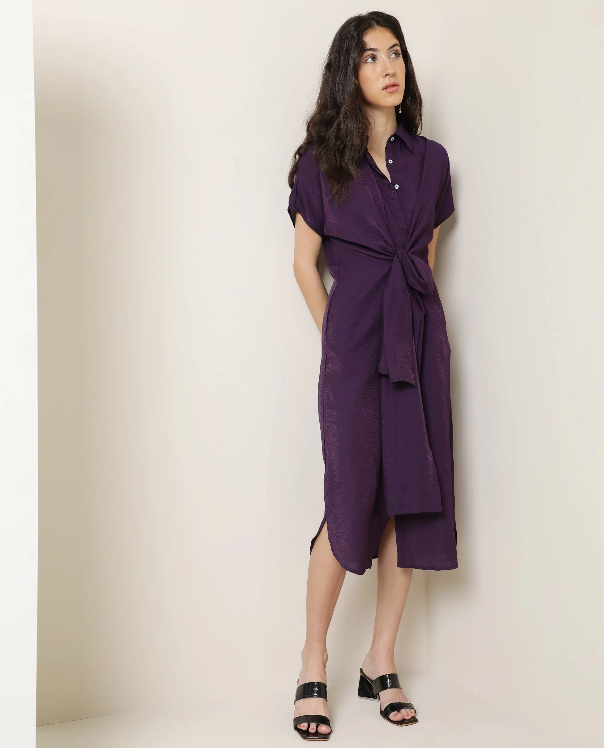 Rareism Women Kori Purple Dress Rayon Nylon Fabric Full Sleeves Solid - Image 11