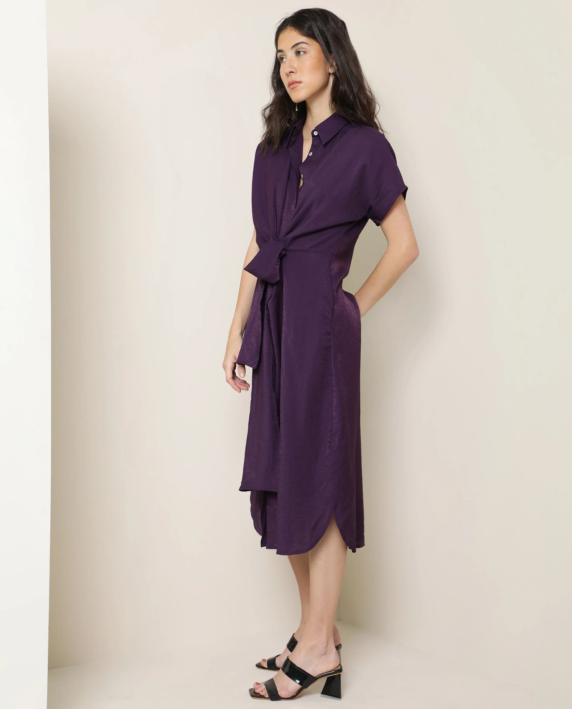 Rareism Women Kori Purple Dress Rayon Nylon Fabric Full Sleeves Solid - Image 13