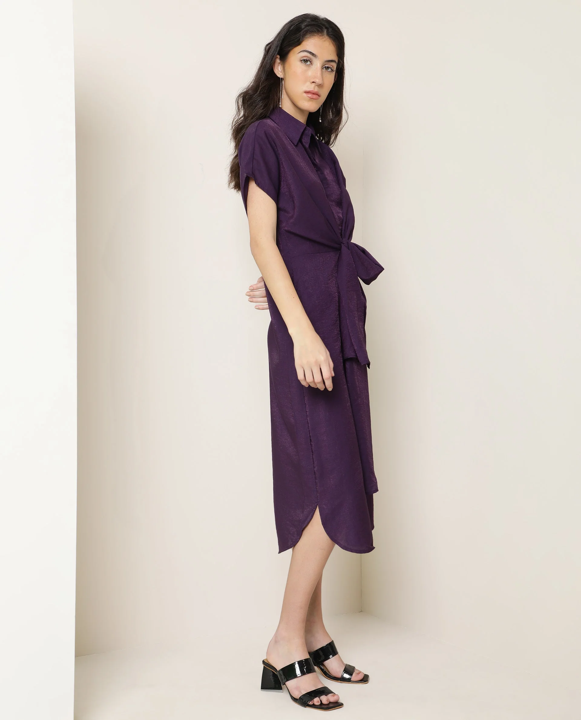 Rareism Women Kori Purple Dress Rayon Nylon Fabric Full Sleeves Solid - Image 14