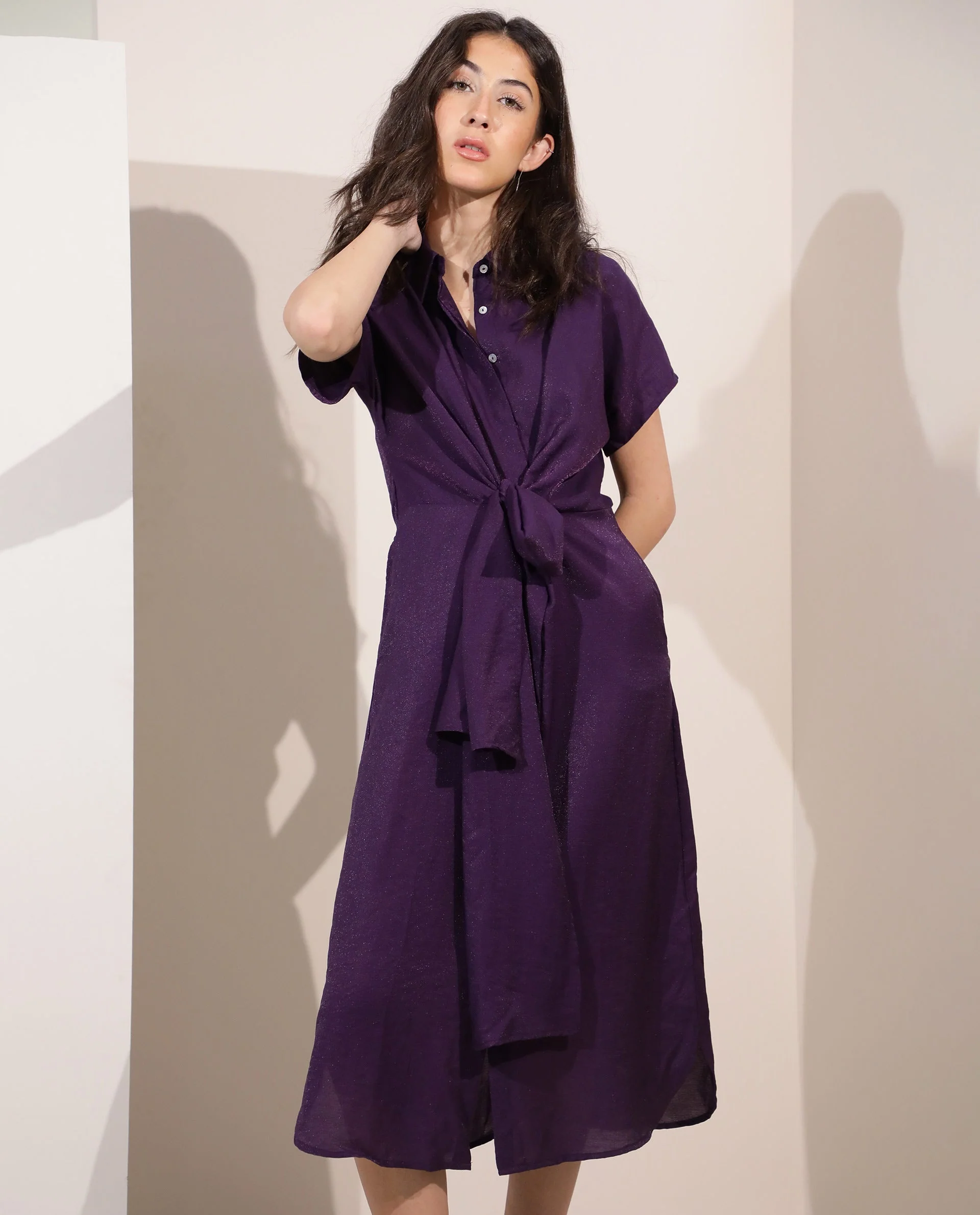 Rareism Women Kori Purple Dress Rayon Nylon Fabric Full Sleeves Solid - Image 2