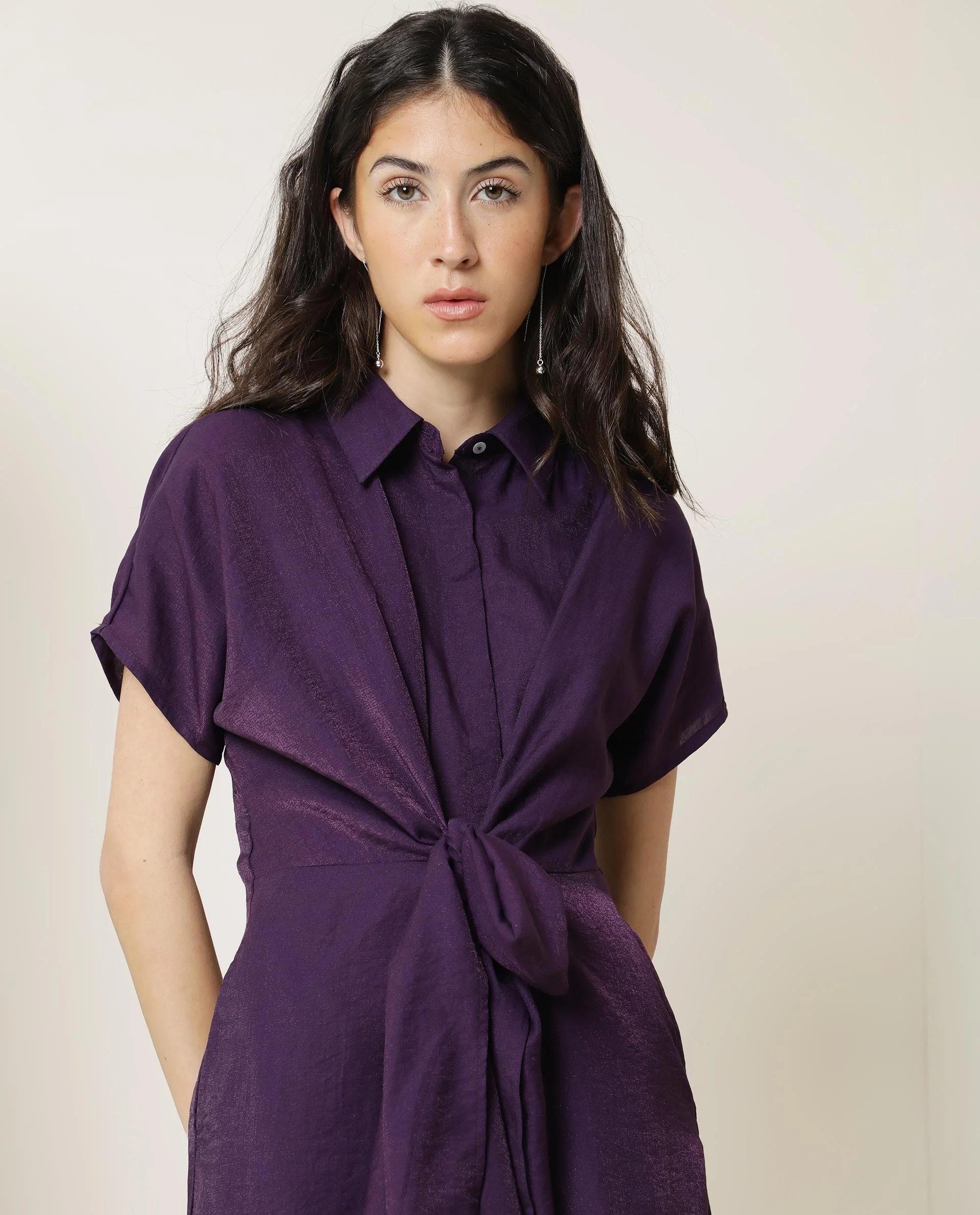 Rareism Women Kori Purple Dress Rayon Nylon Fabric Full Sleeves Solid - Image 5