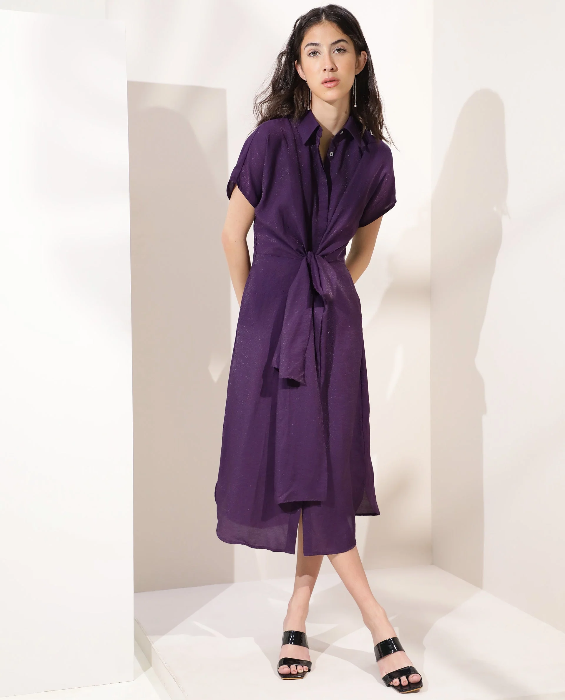 Rareism Women Kori Purple Dress Rayon Nylon Fabric Full Sleeves Solid - Image 6