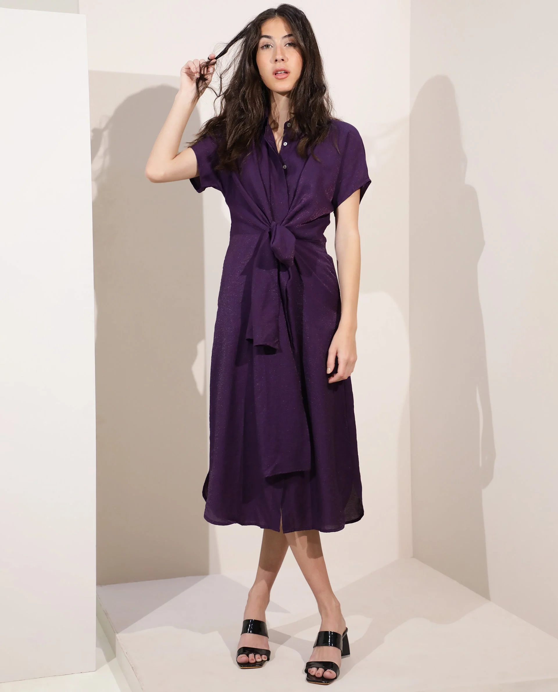 Rareism Women Kori Purple Dress Rayon Nylon Fabric Full Sleeves Solid - Image 7