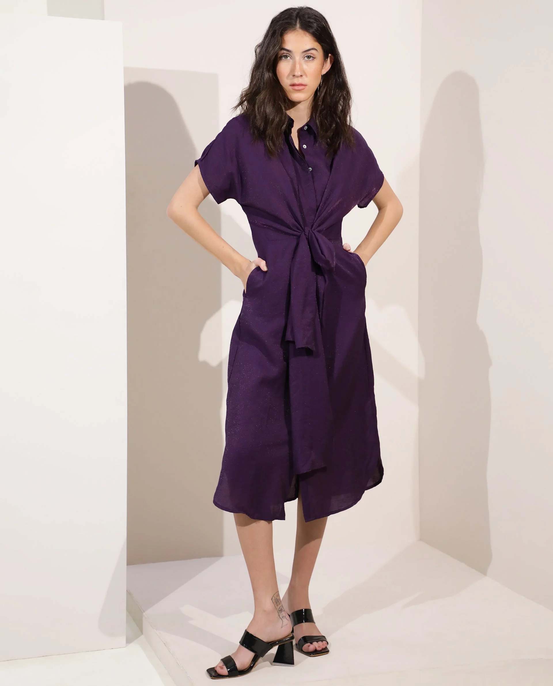 Rareism Women Kori Purple Dress Rayon Nylon Fabric Full Sleeves Solid - Image 8