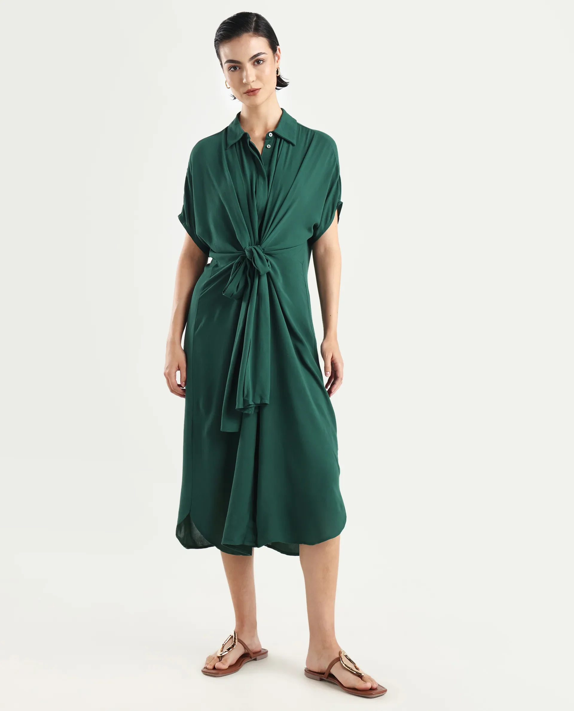 Rareism Women's Korian Dark Green Moroccan Crepe Drop Collar Plain Extended Sleeves Midi Relaxed Fit Dress - Image 2