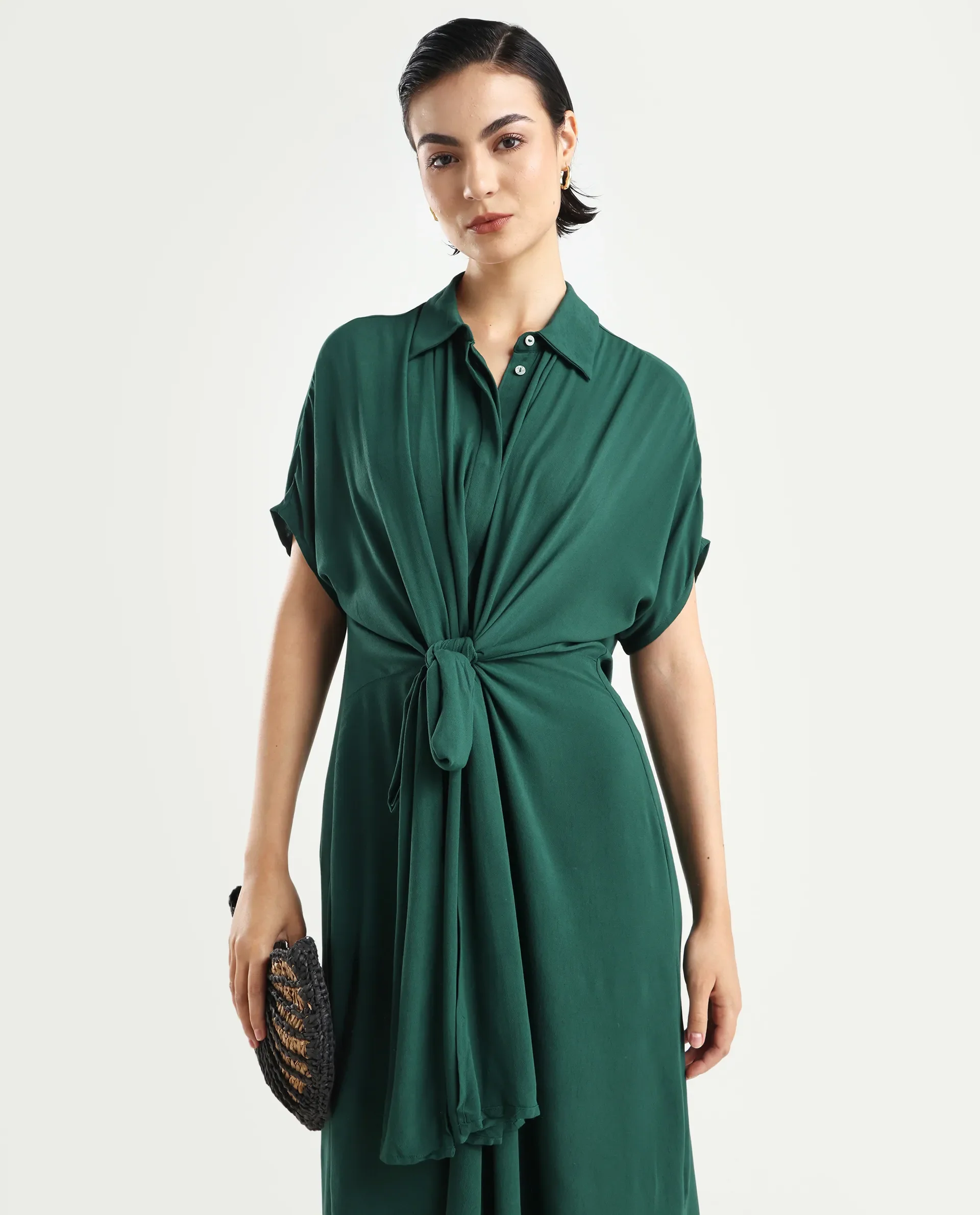 Rareism Women's Korian Dark Green Moroccan Crepe Drop Collar Plain Extended Sleeves Midi Relaxed Fit Dress - Image 3