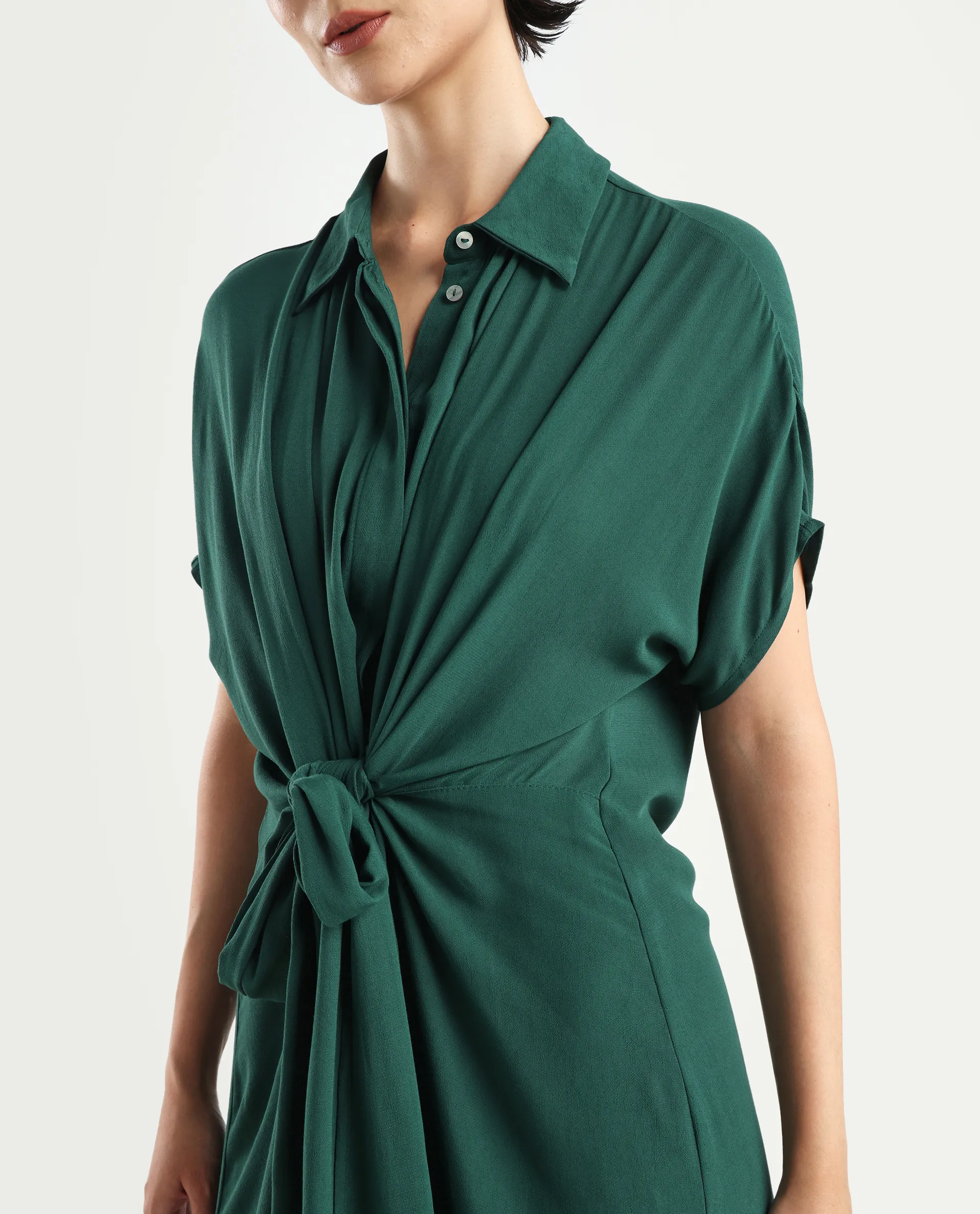 Rareism Women's Korian Dark Green Moroccan Crepe Drop Collar Plain Extended Sleeves Midi Relaxed Fit Dress - Image 4