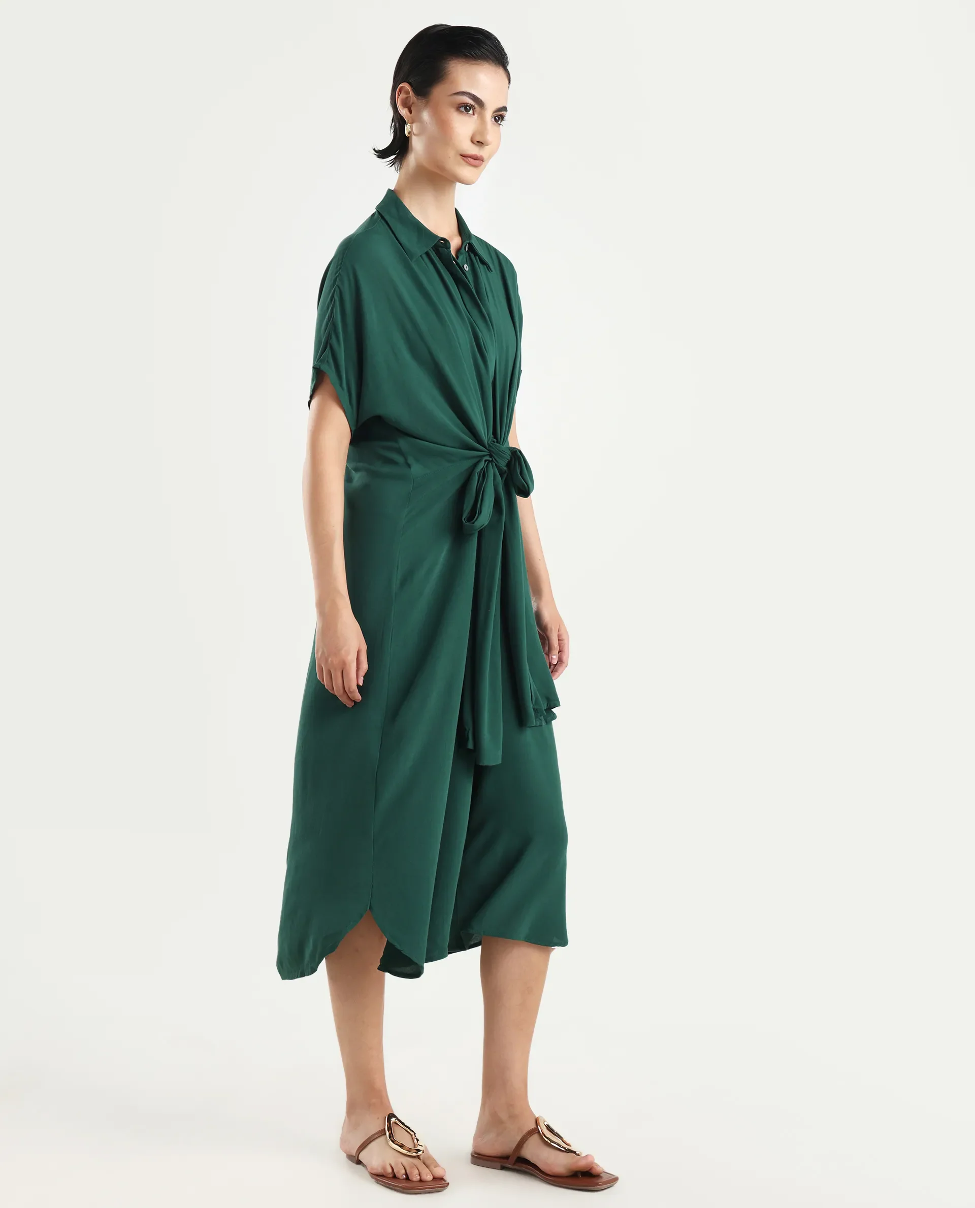 Rareism Women's Korian Dark Green Moroccan Crepe Drop Collar Plain Extended Sleeves Midi Relaxed Fit Dress - Image 5