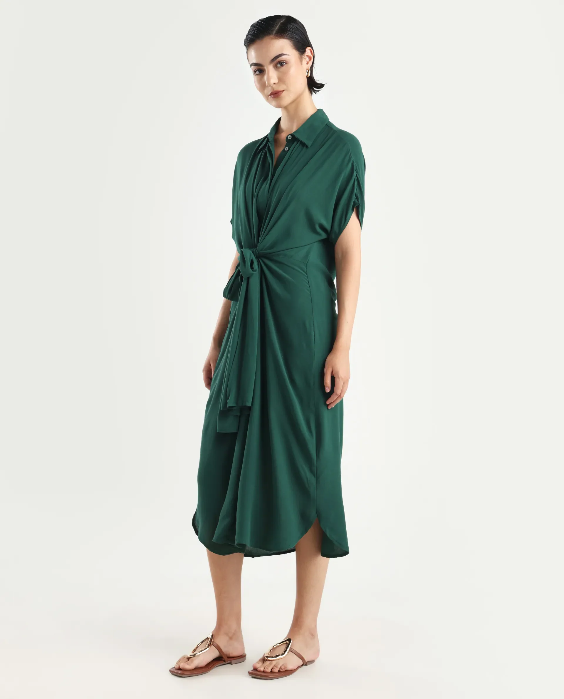 Rareism Women's Korian Dark Green Moroccan Crepe Drop Collar Plain Extended Sleeves Midi Relaxed Fit Dress - Image 6