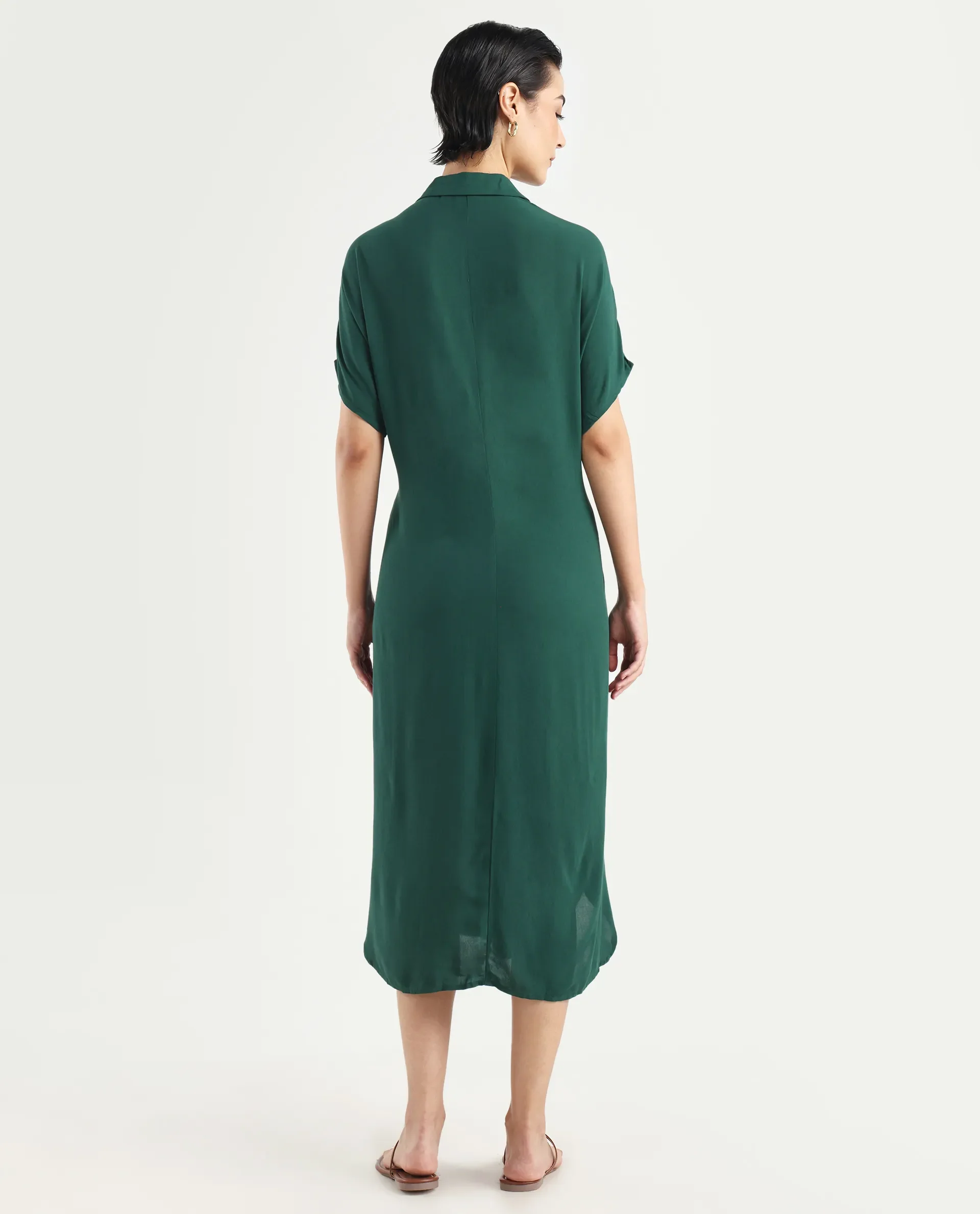 Rareism Women's Korian Dark Green Moroccan Crepe Drop Collar Plain Extended Sleeves Midi Relaxed Fit Dress - Image 7
