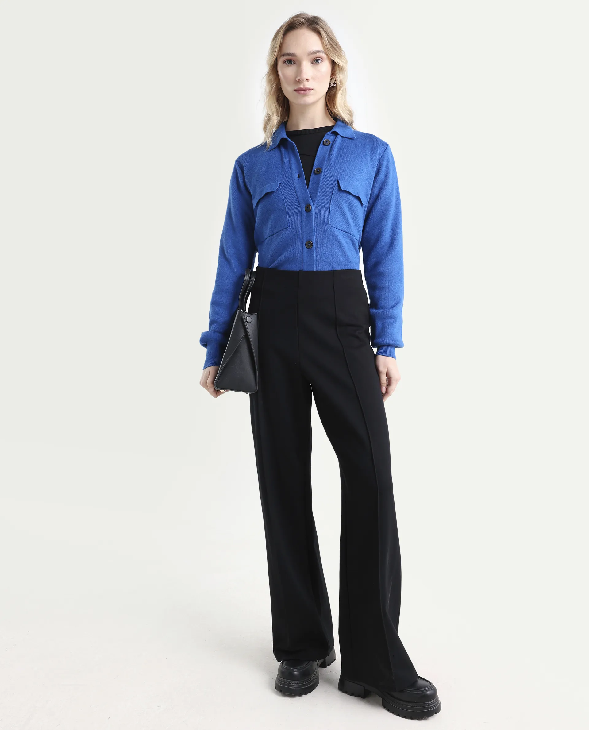Rareism Women's Korn Blue Viscose Spread Collar Plain Regular Fit Sweater - Image 2