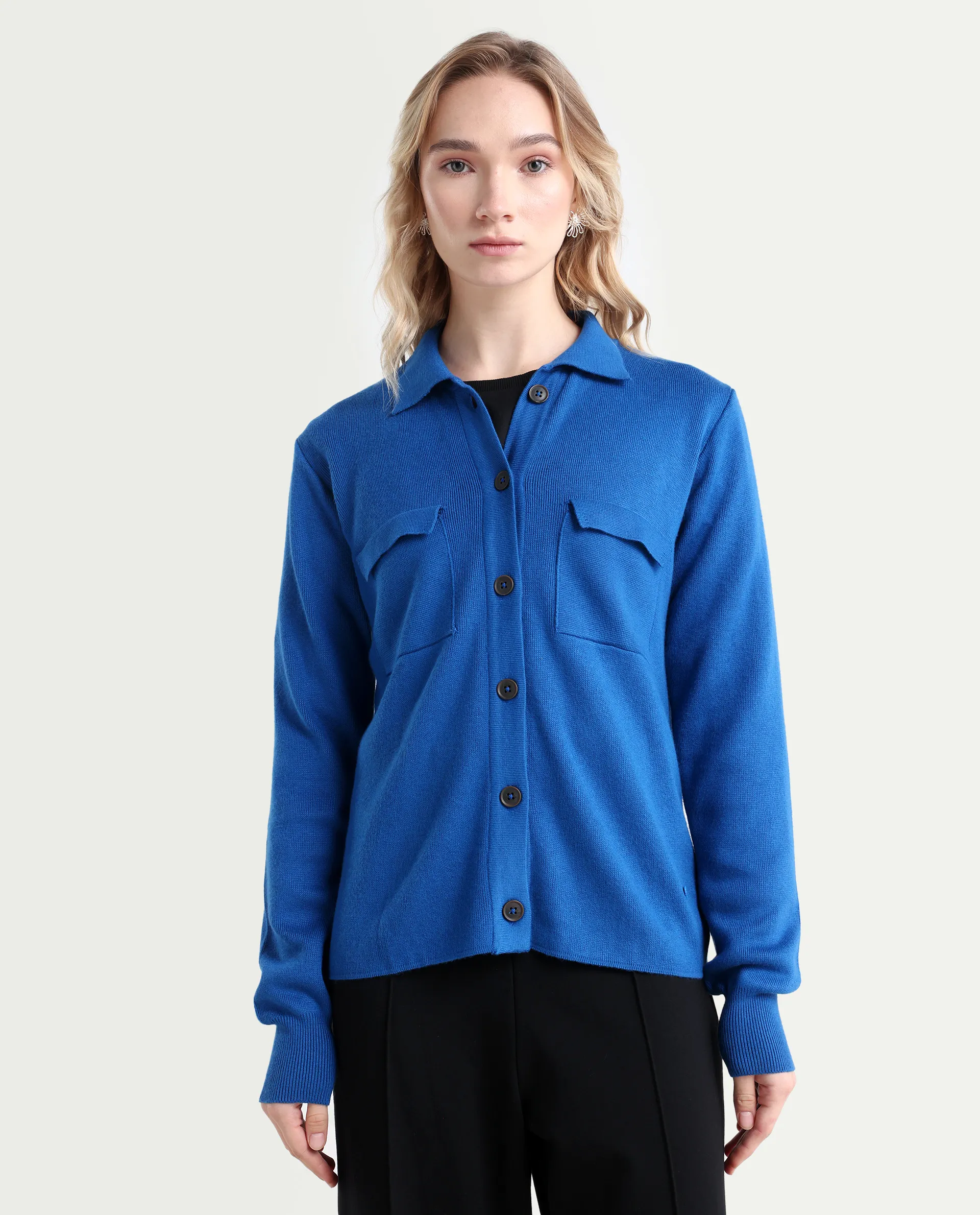 Rareism Women's Korn Blue Viscose Spread Collar Plain Regular Fit Sweater - Image 3