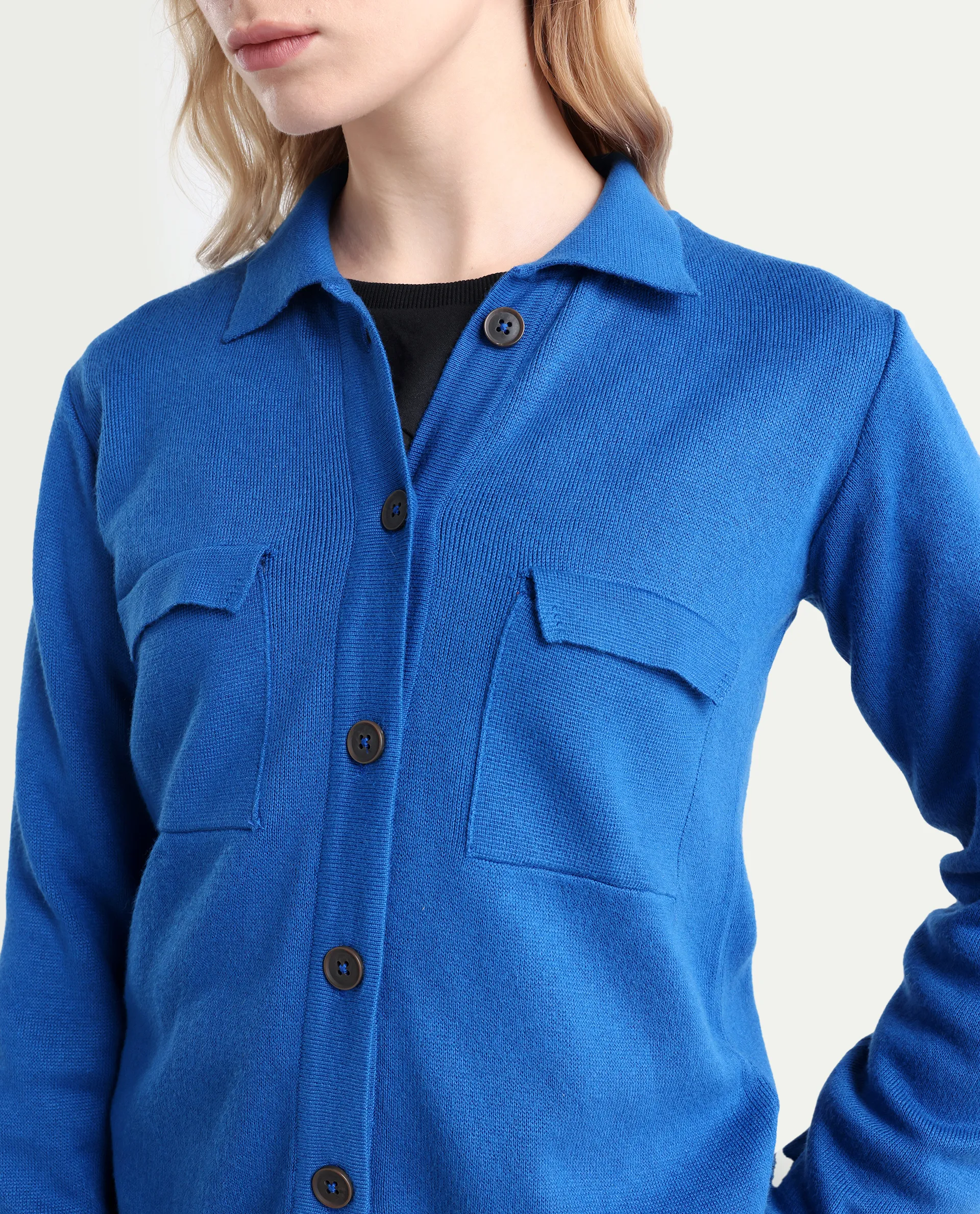 Rareism Women's Korn Blue Viscose Spread Collar Plain Regular Fit Sweater - Image 4