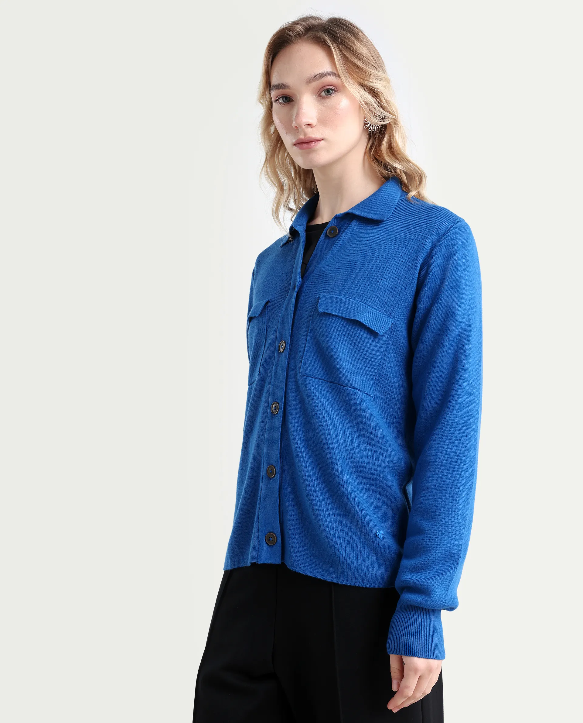 Rareism Women's Korn Blue Viscose Spread Collar Plain Regular Fit Sweater - Image 5