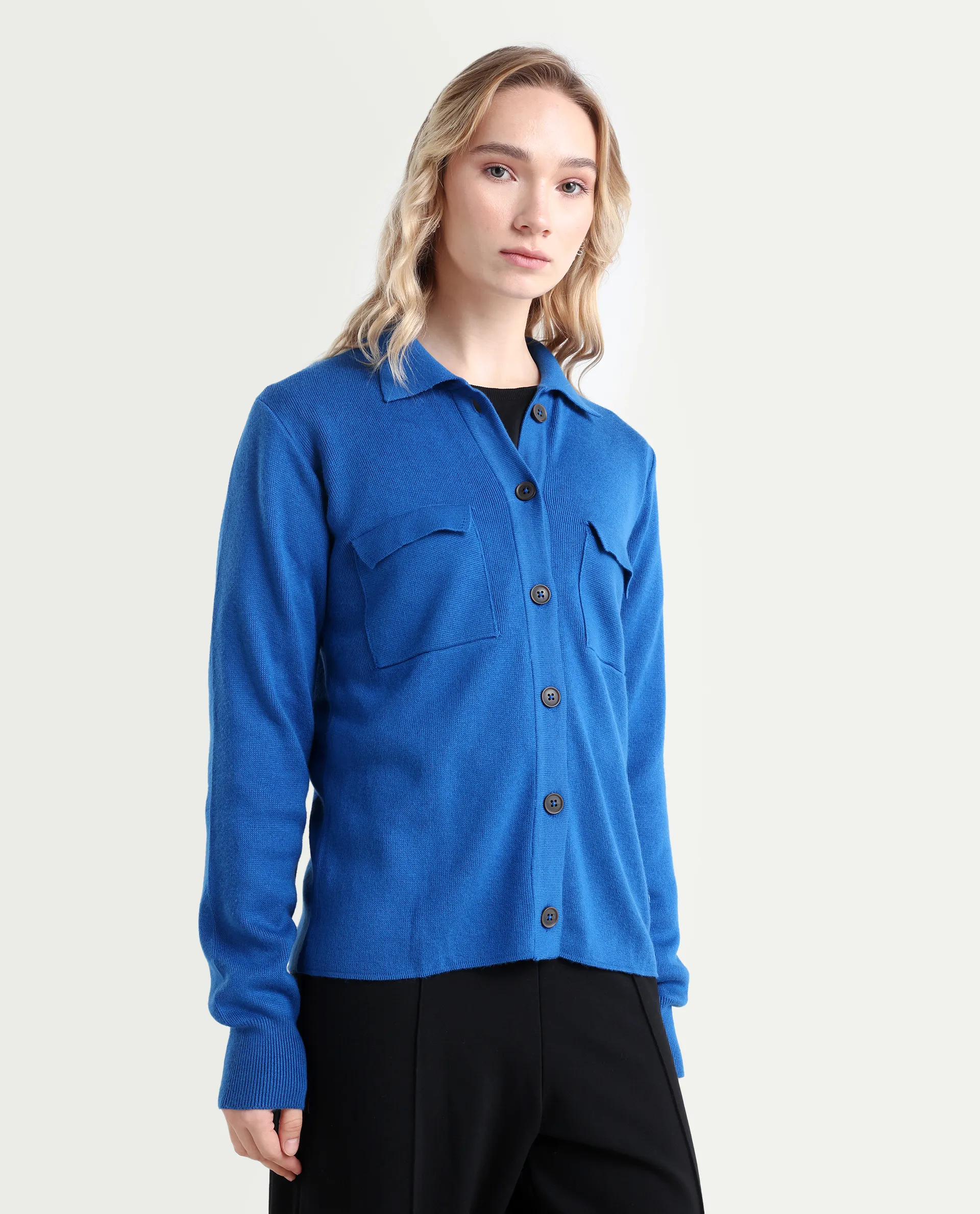 Rareism Women's Korn Blue Viscose Spread Collar Plain Regular Fit Sweater - Image 6
