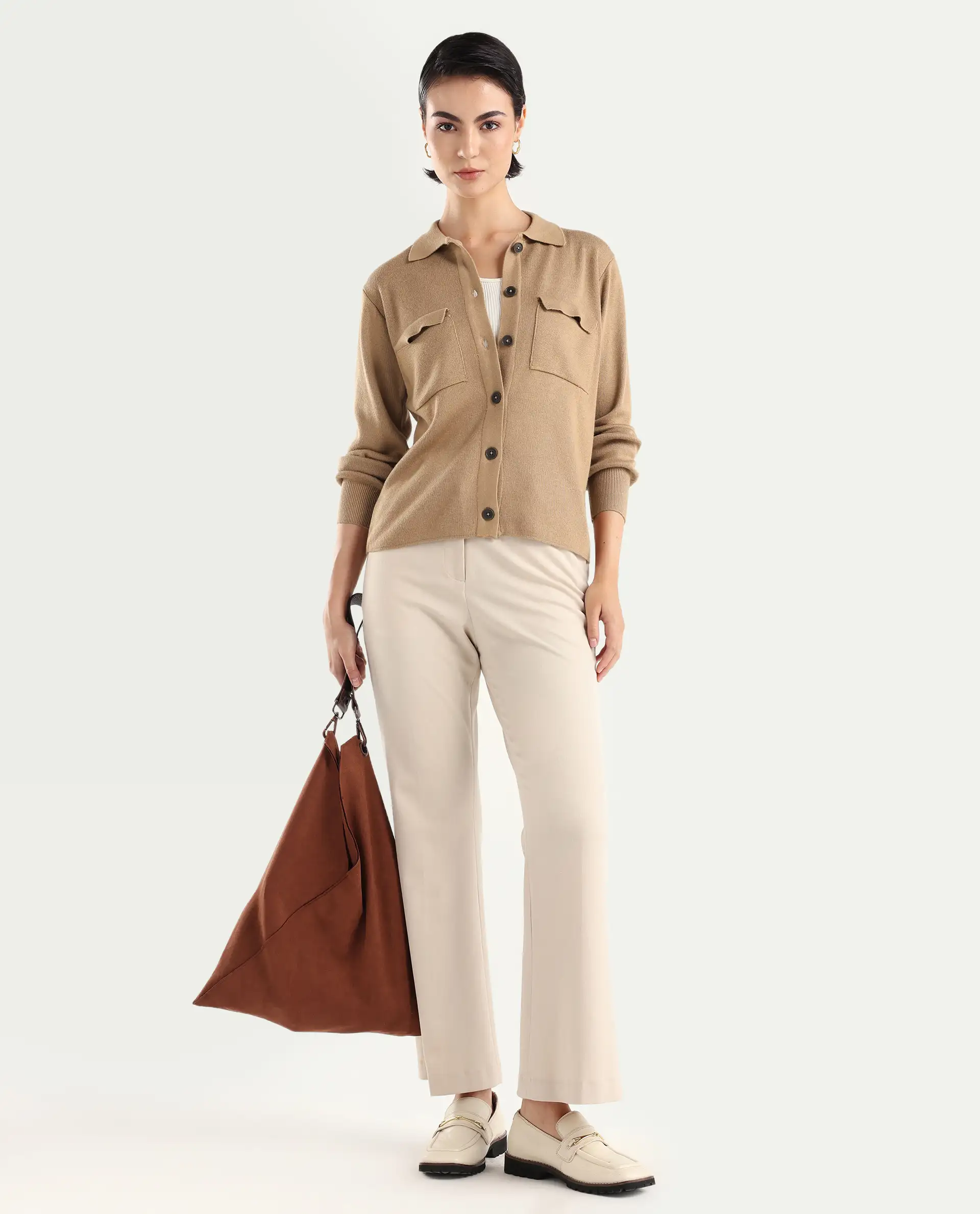 Rareism Women's Korn Dark Beige Viscose Spread Collar Plain Regular Fit Sweater - Image 2
