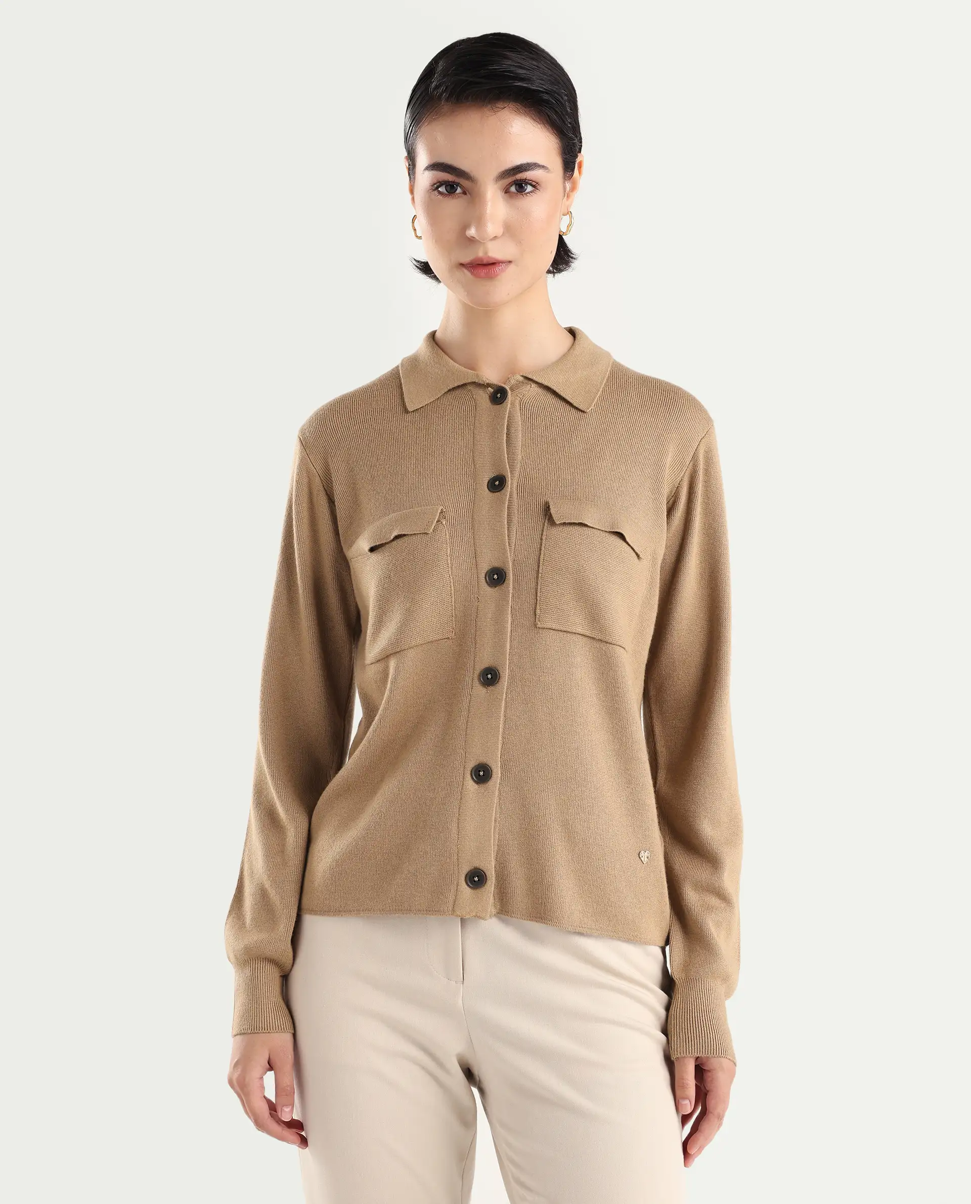 Rareism Women's Korn Dark Beige Viscose Spread Collar Plain Regular Fit Sweater - Image 3