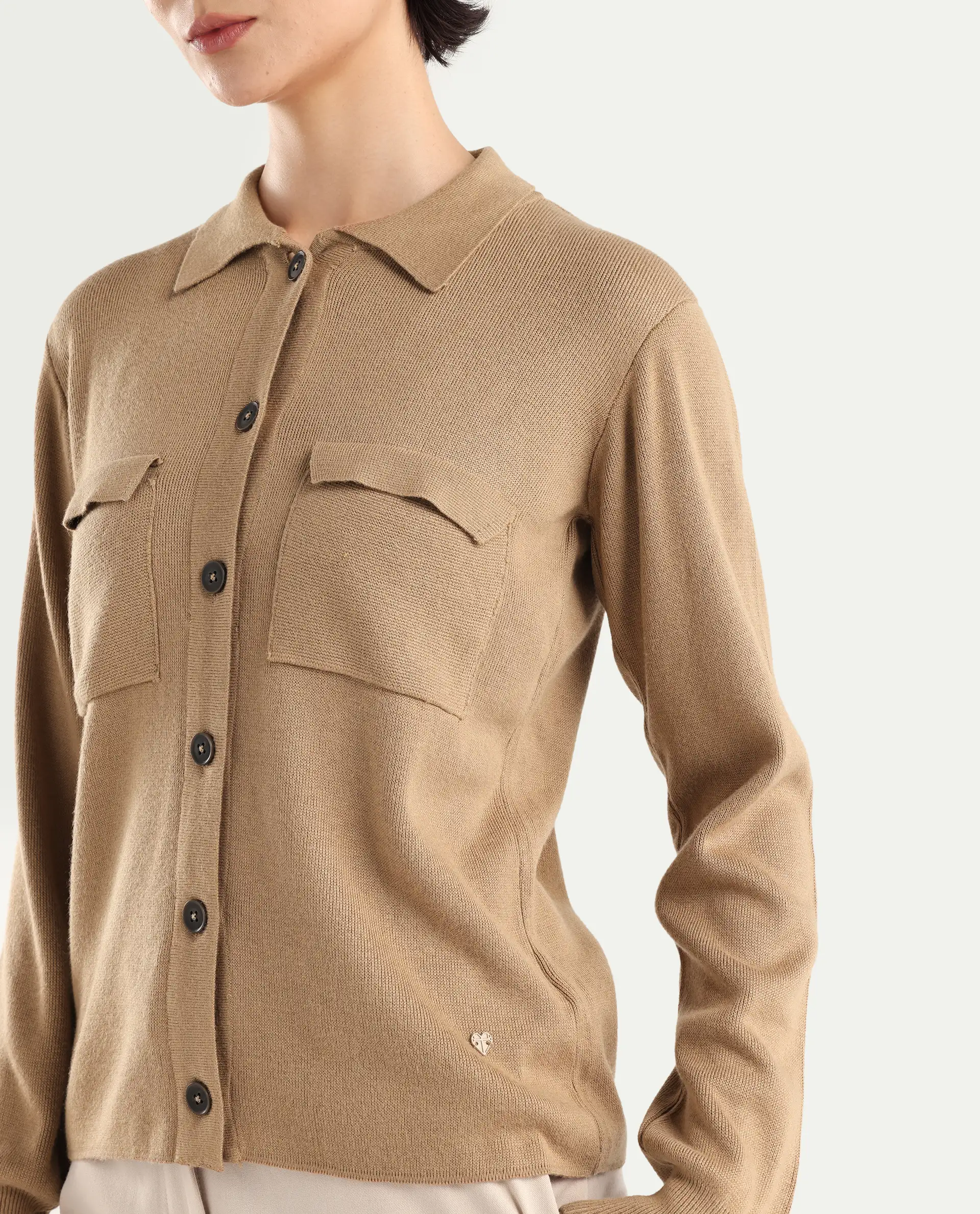 Rareism Women's Korn Dark Beige Viscose Spread Collar Plain Regular Fit Sweater - Image 4