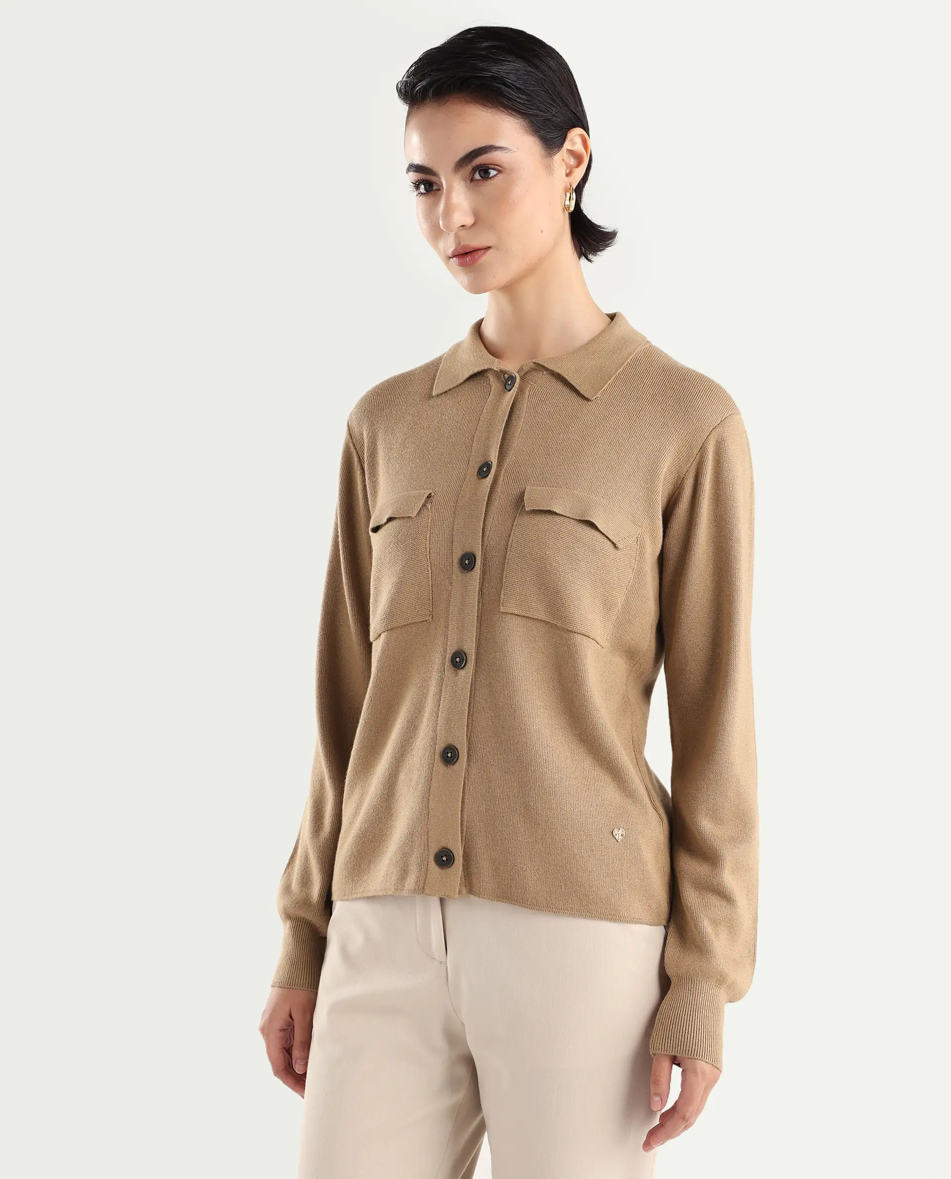 Rareism Women's Korn Dark Beige Viscose Spread Collar Plain Regular Fit Sweater - Image 5