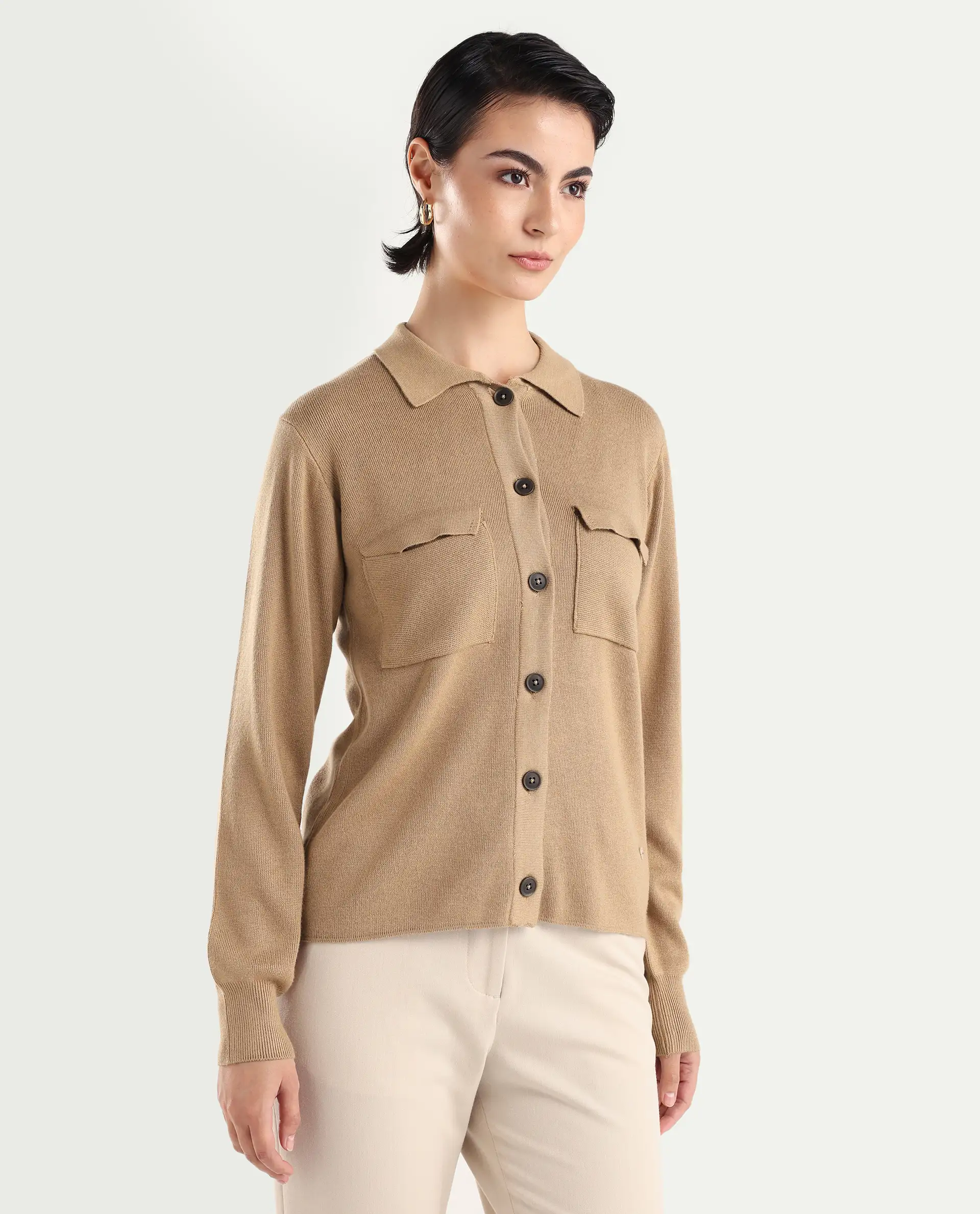 Rareism Women's Korn Dark Beige Viscose Spread Collar Plain Regular Fit Sweater - Image 6