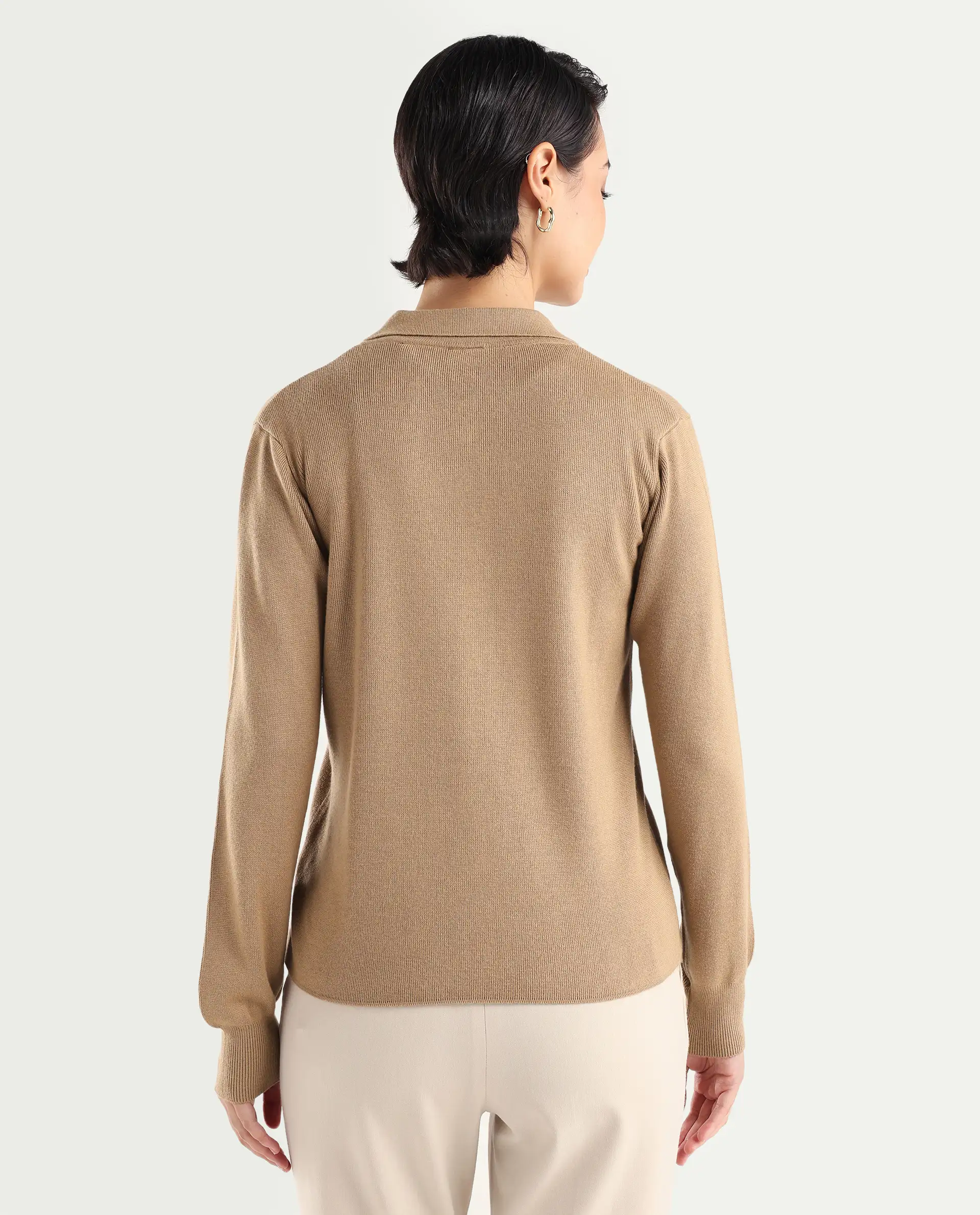 Rareism Women's Korn Dark Beige Viscose Spread Collar Plain Regular Fit Sweater - Image 7