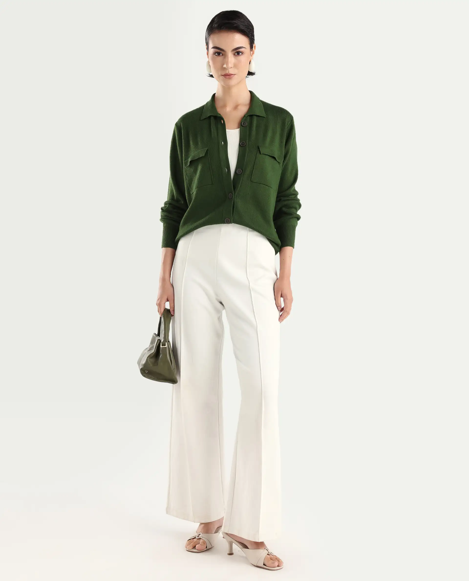 Rareism Women's Korn Green Viscose Spread Collar Plain Regular Fit Sweater - Image 2
