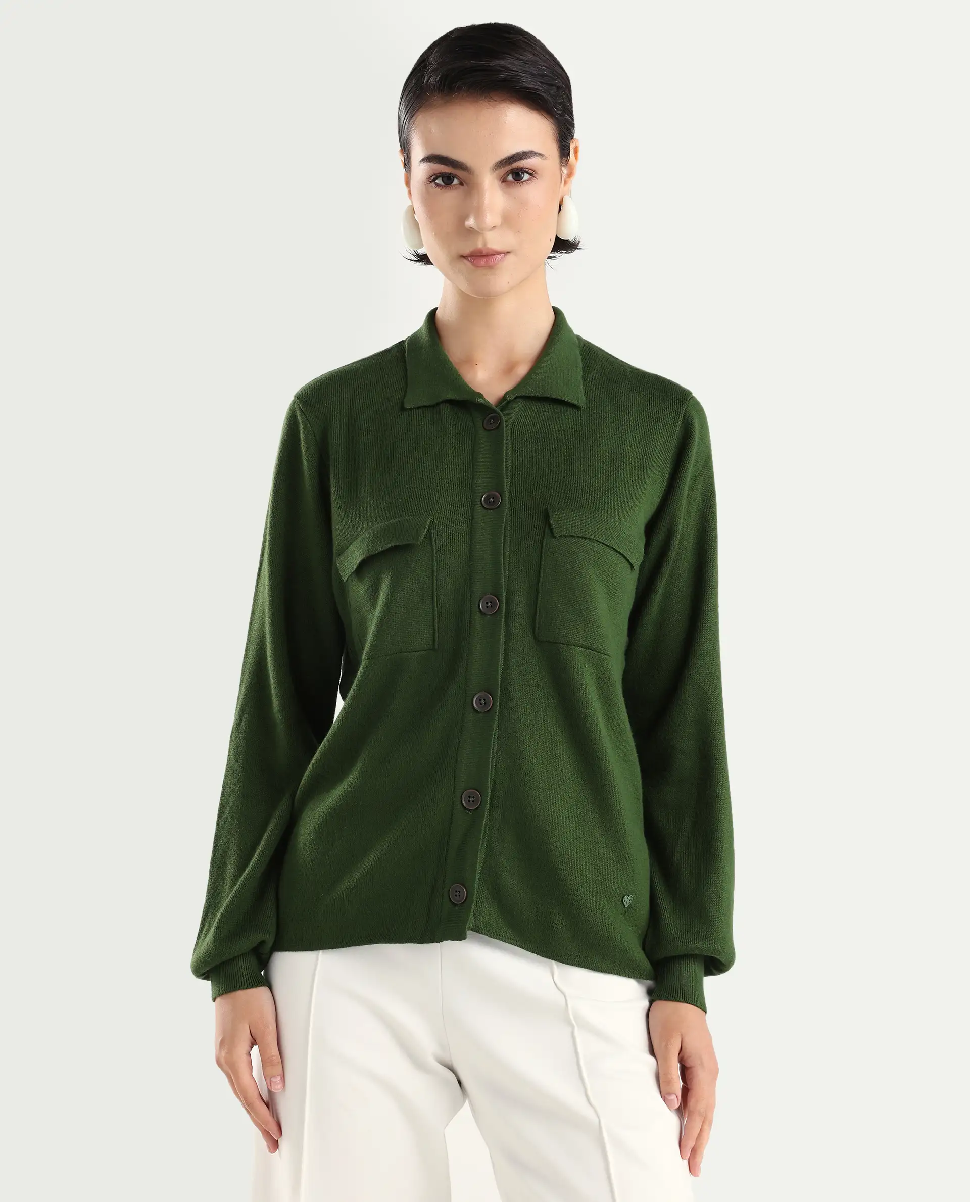 Rareism Women's Korn Green Viscose Spread Collar Plain Regular Fit Sweater - Image 3