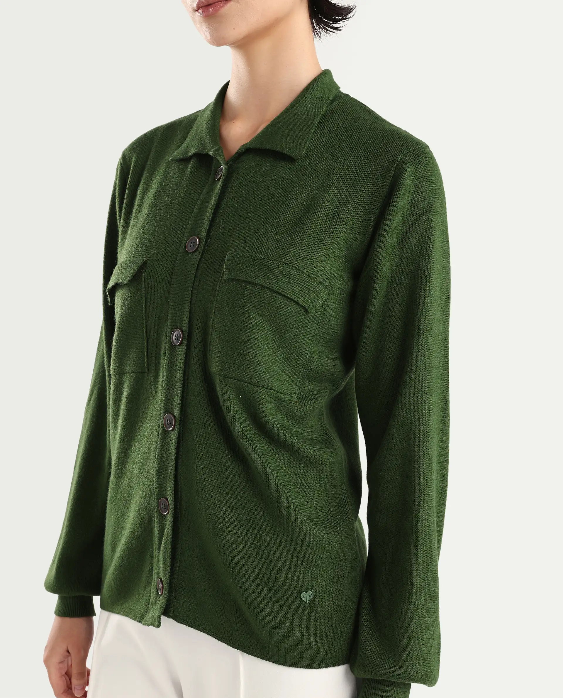 Rareism Women's Korn Green Viscose Spread Collar Plain Regular Fit Sweater - Image 4