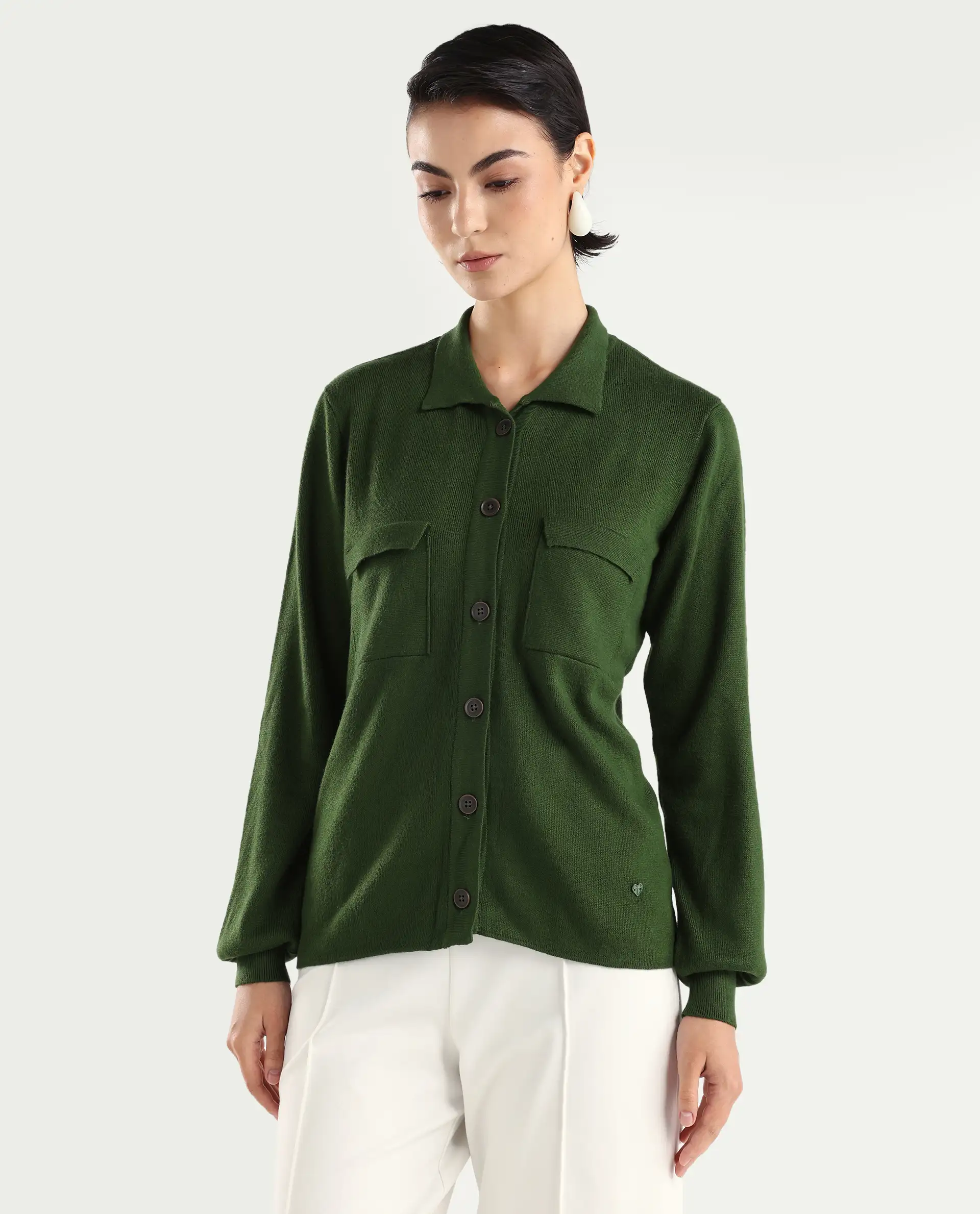 Rareism Women's Korn Green Viscose Spread Collar Plain Regular Fit Sweater - Image 5