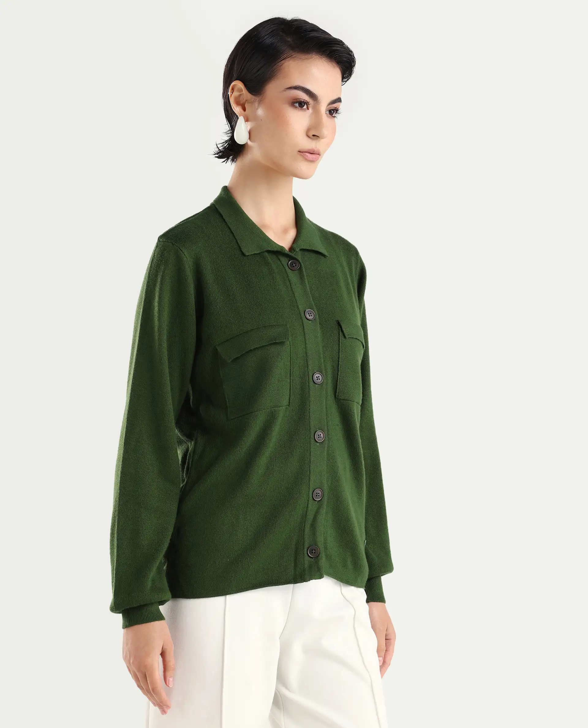 Rareism Women's Korn Green Viscose Spread Collar Plain Regular Fit Sweater - Image 6
