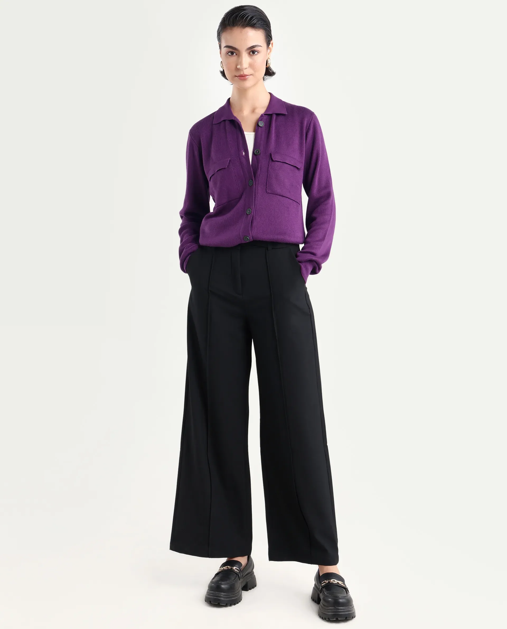 Rareism Women's Korn Purple Viscose Spread Collar Plain Regular Fit Sweater - Image 2