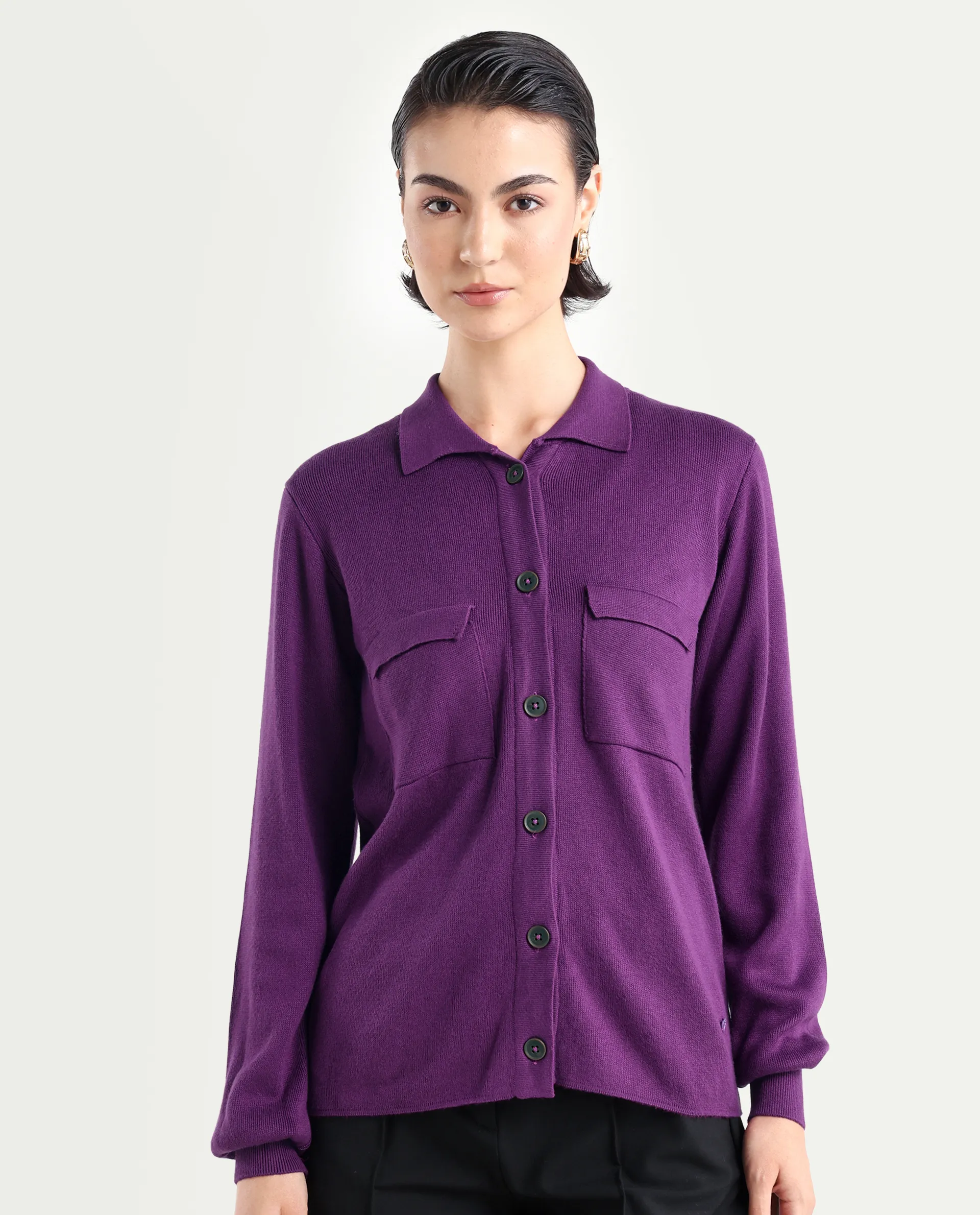 Rareism Women's Korn Purple Viscose Spread Collar Plain Regular Fit Sweater - Image 3