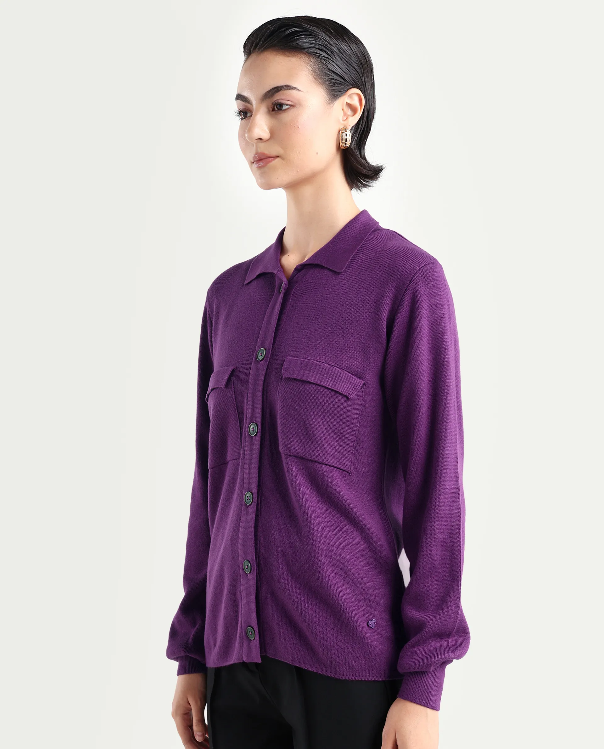 Rareism Women's Korn Purple Viscose Spread Collar Plain Regular Fit Sweater - Image 5