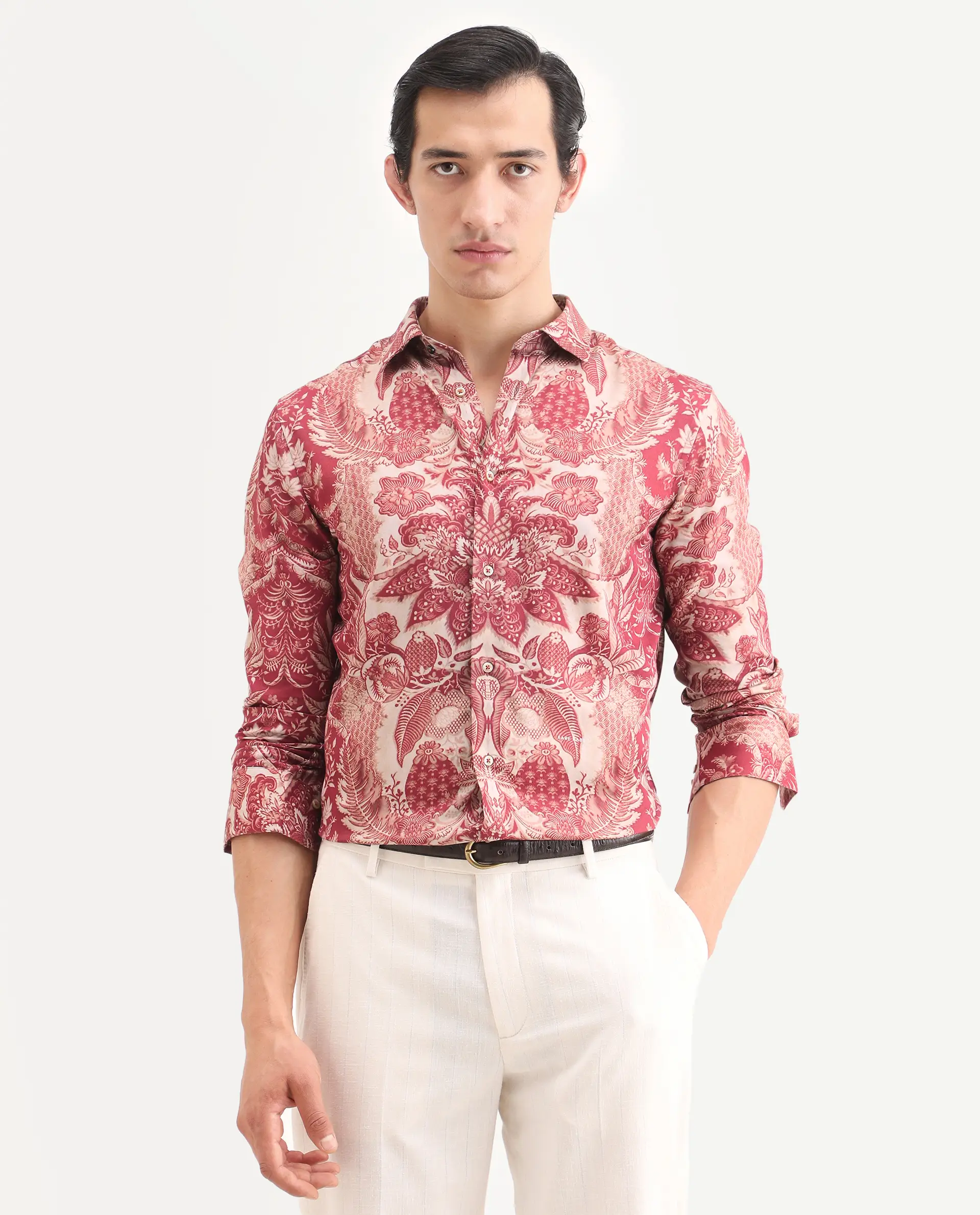 Rare Rabbit Men's Korp Red Cotton Blend Blend Fabric Full Sleeve Spread Collar Regular Fit Paisley Print Shirt - Image 4