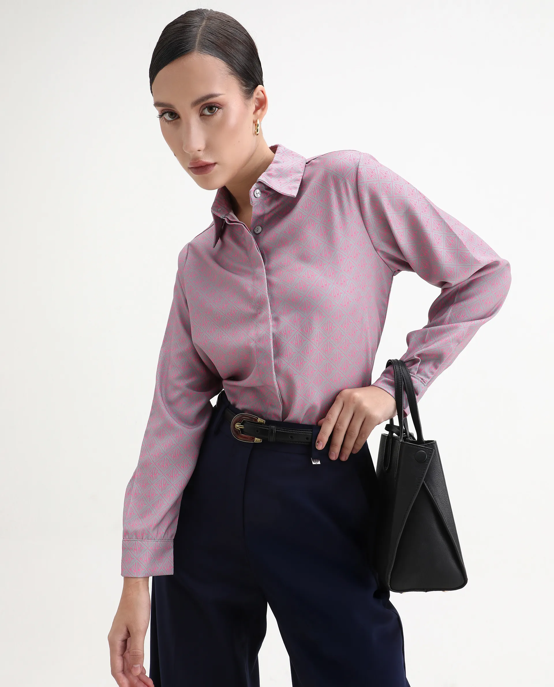 Rareism Women's Korre Pink Satin Spread Collar Monogram Print Cuffed Sleeve Boxy Fit Top - Image 2