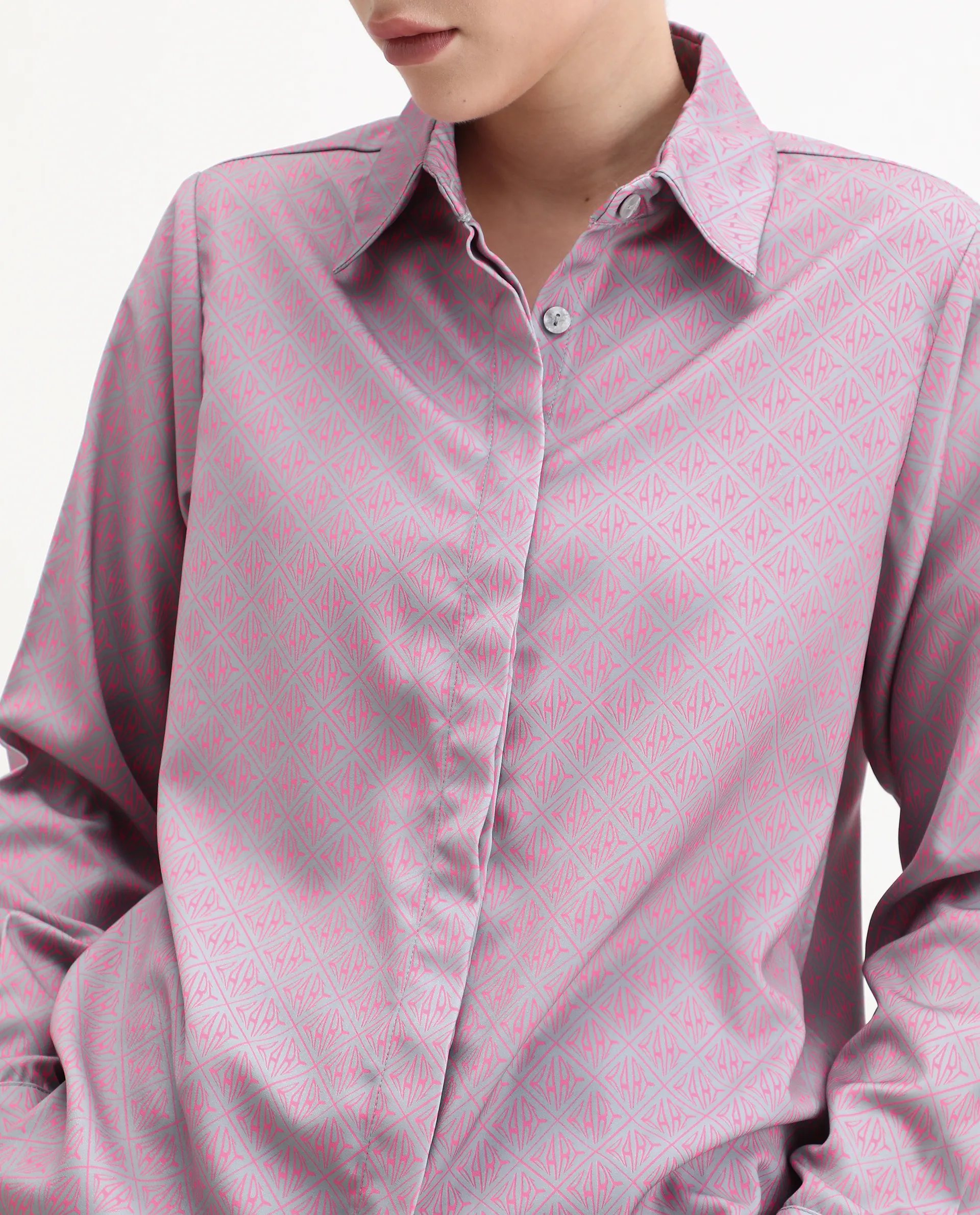 Rareism Women's Korre Pink Satin Spread Collar Monogram Print Cuffed Sleeve Boxy Fit Top - Image 3