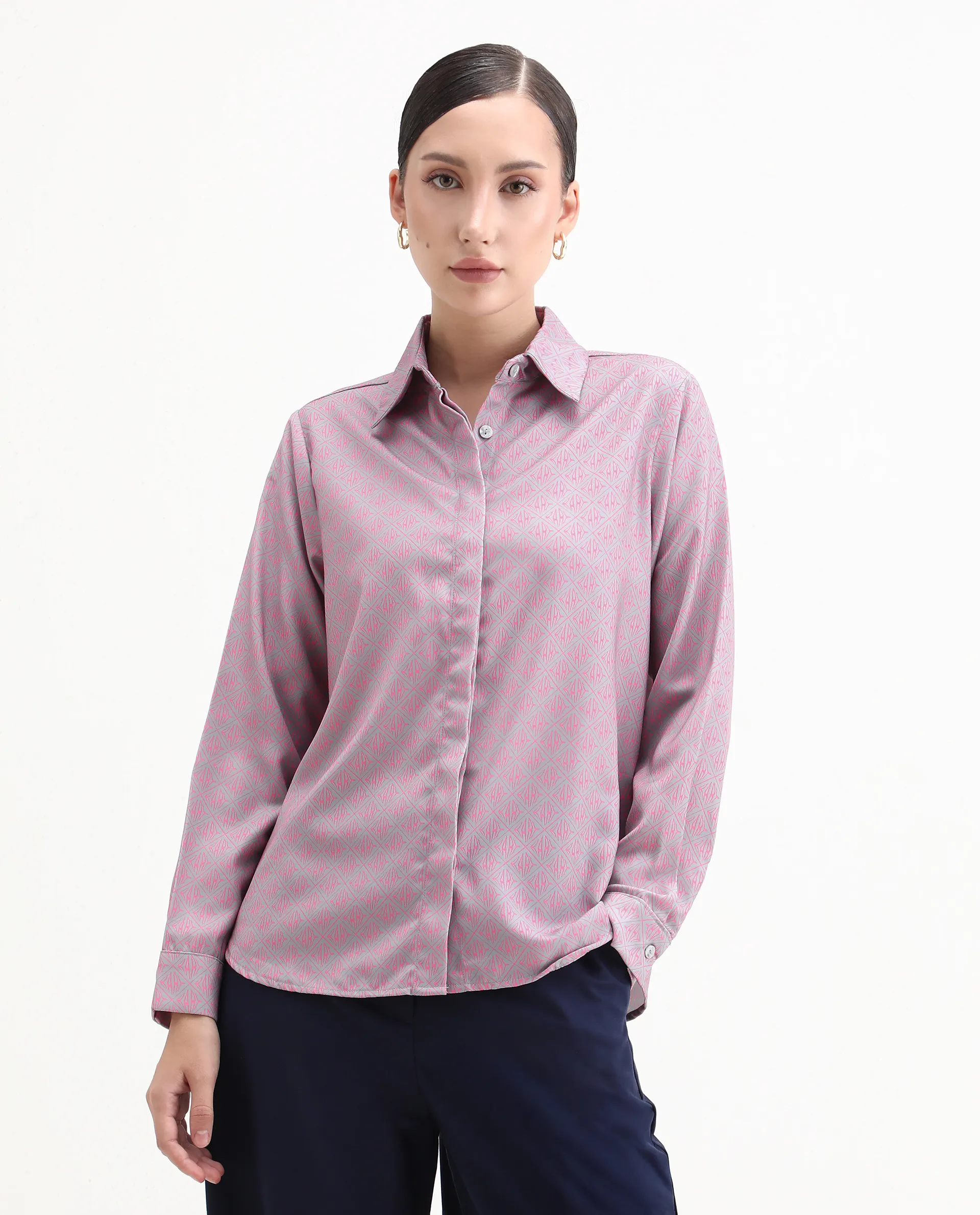 Rareism Women's Korre Pink Satin Spread Collar Monogram Print Cuffed Sleeve Boxy Fit Top - Image 4