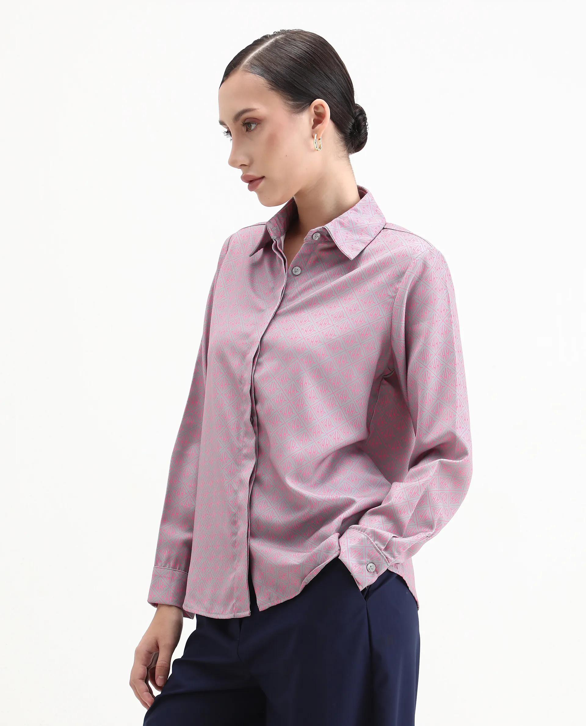 Rareism Women's Korre Pink Satin Spread Collar Monogram Print Cuffed Sleeve Boxy Fit Top - Image 5