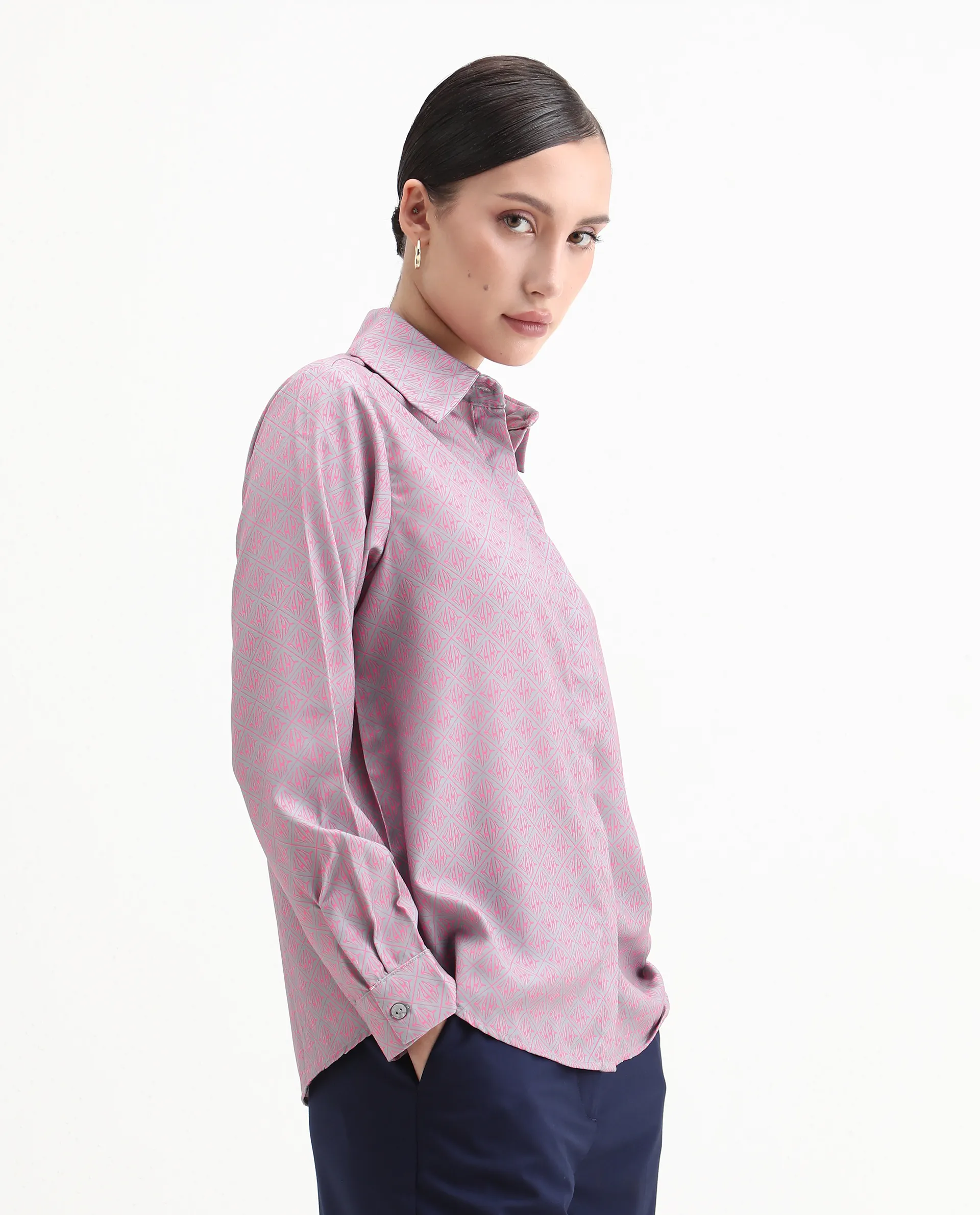 Rareism Women's Korre Pink Satin Spread Collar Monogram Print Cuffed Sleeve Boxy Fit Top - Image 6