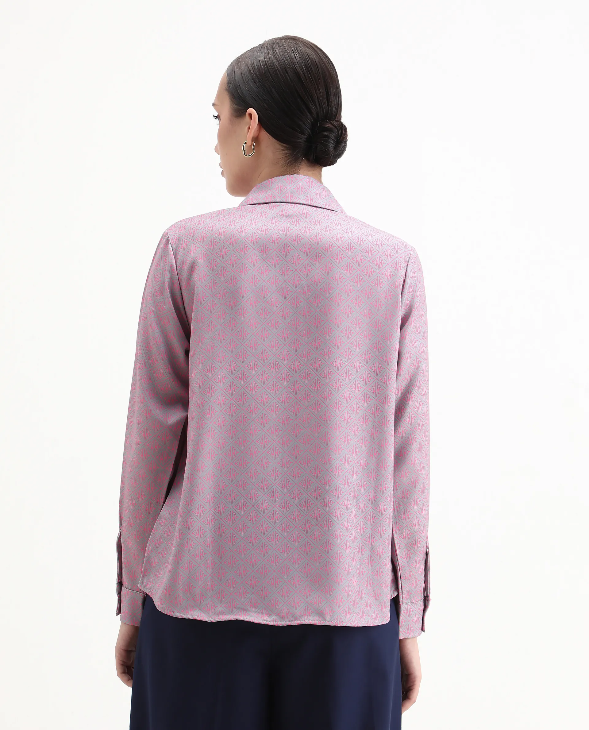 Rareism Women's Korre Pink Satin Spread Collar Monogram Print Cuffed Sleeve Boxy Fit Top - Image 7