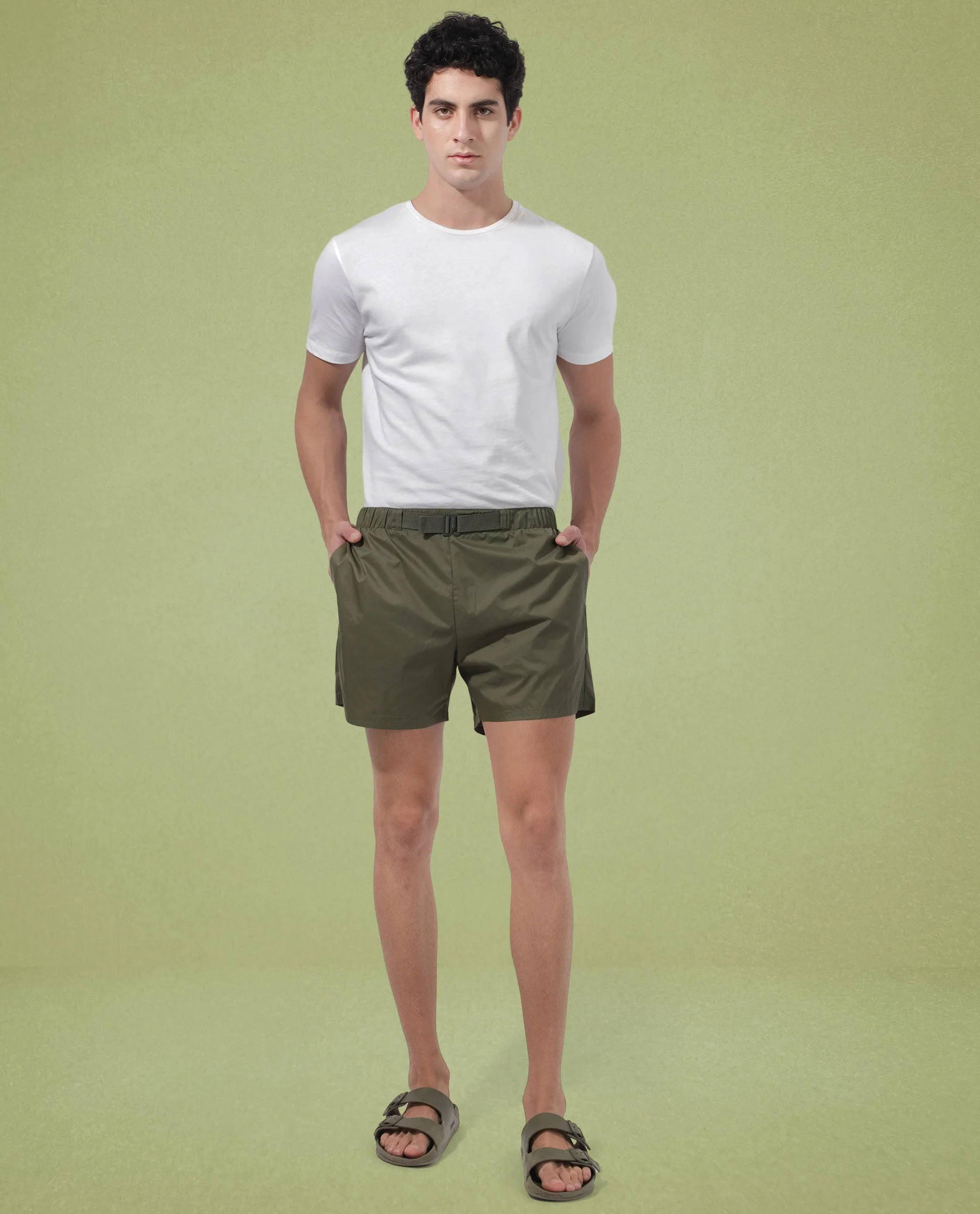 Rare Rabbit Men's Kort Green Polyester Fabric Buckle Fastening Regular Fit Solid Shorts - Image 3